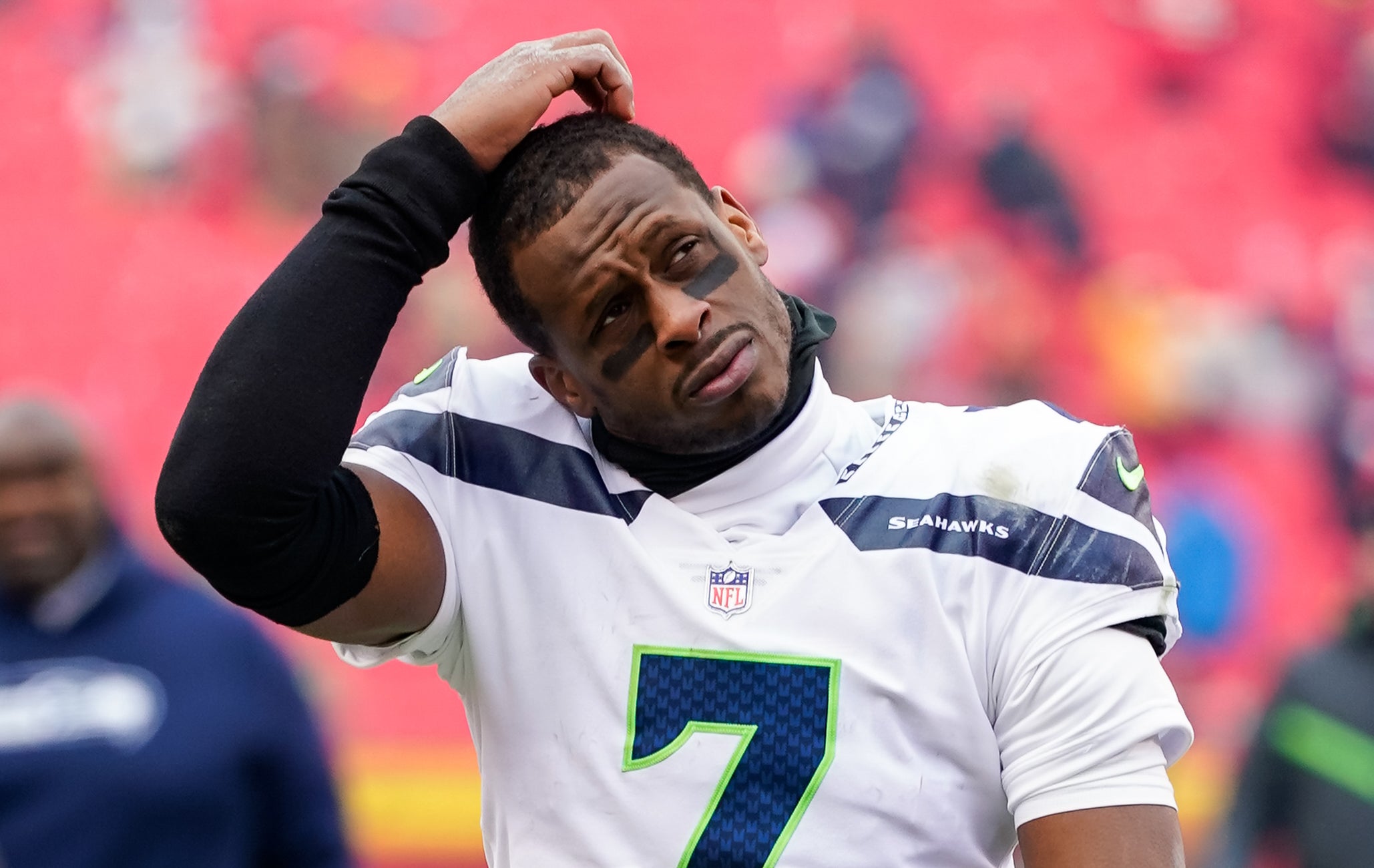 Dec 24, 2022; Kansas City, Missouri, USA; Seattle Seahawks quarterback Geno Smith (7) leaves the field after a game against the Kansas City Chiefs at GEHA Field at Arrowhead Stadium.
