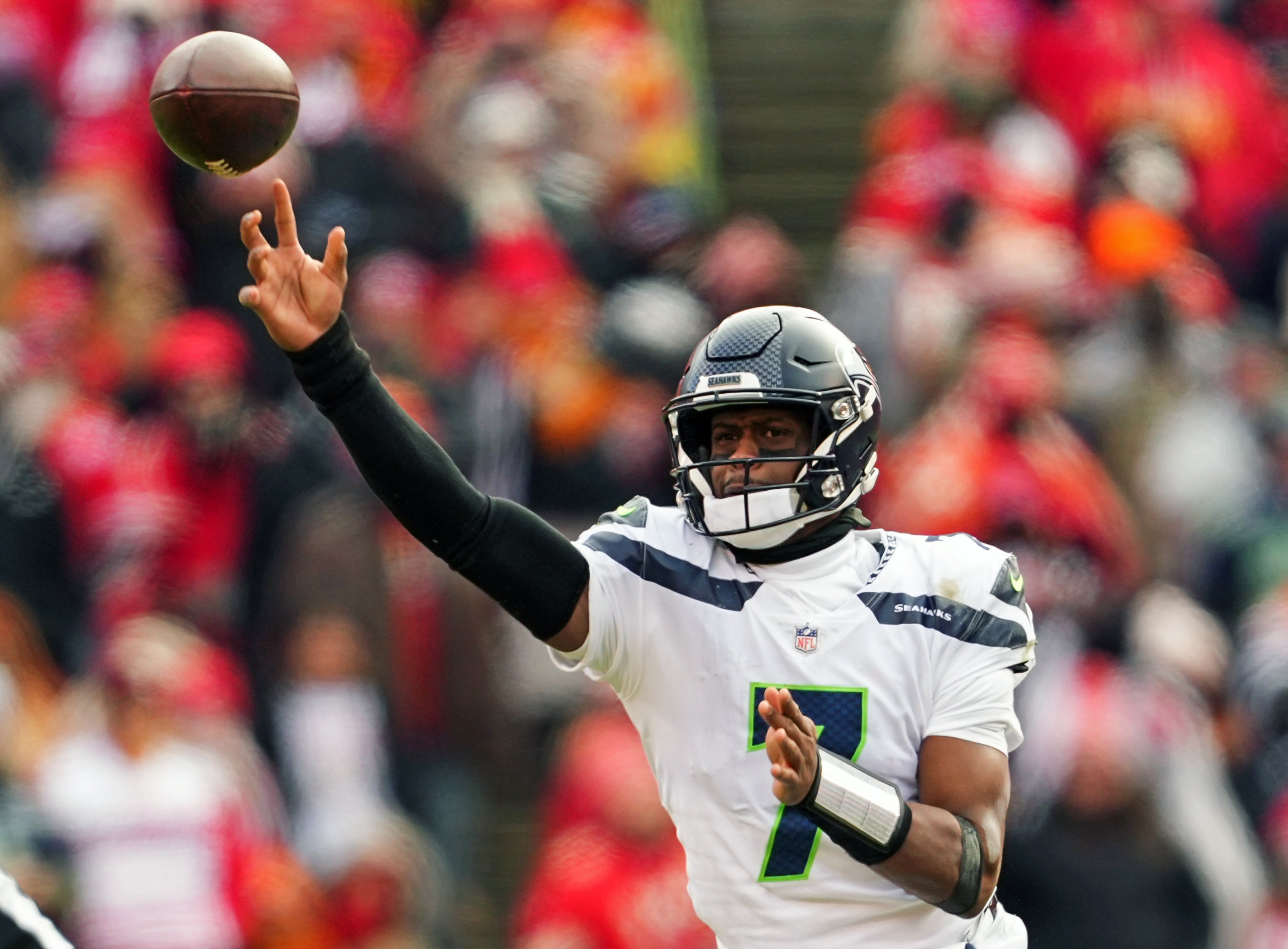 Dec 24, 2022; Kansas City, Missouri, USA; Seattle Seahawks quarterback Geno Smith (7) throws a pass during the second half against the Kansas City Chiefs at GEHA Field at Arrowhead Stadium.