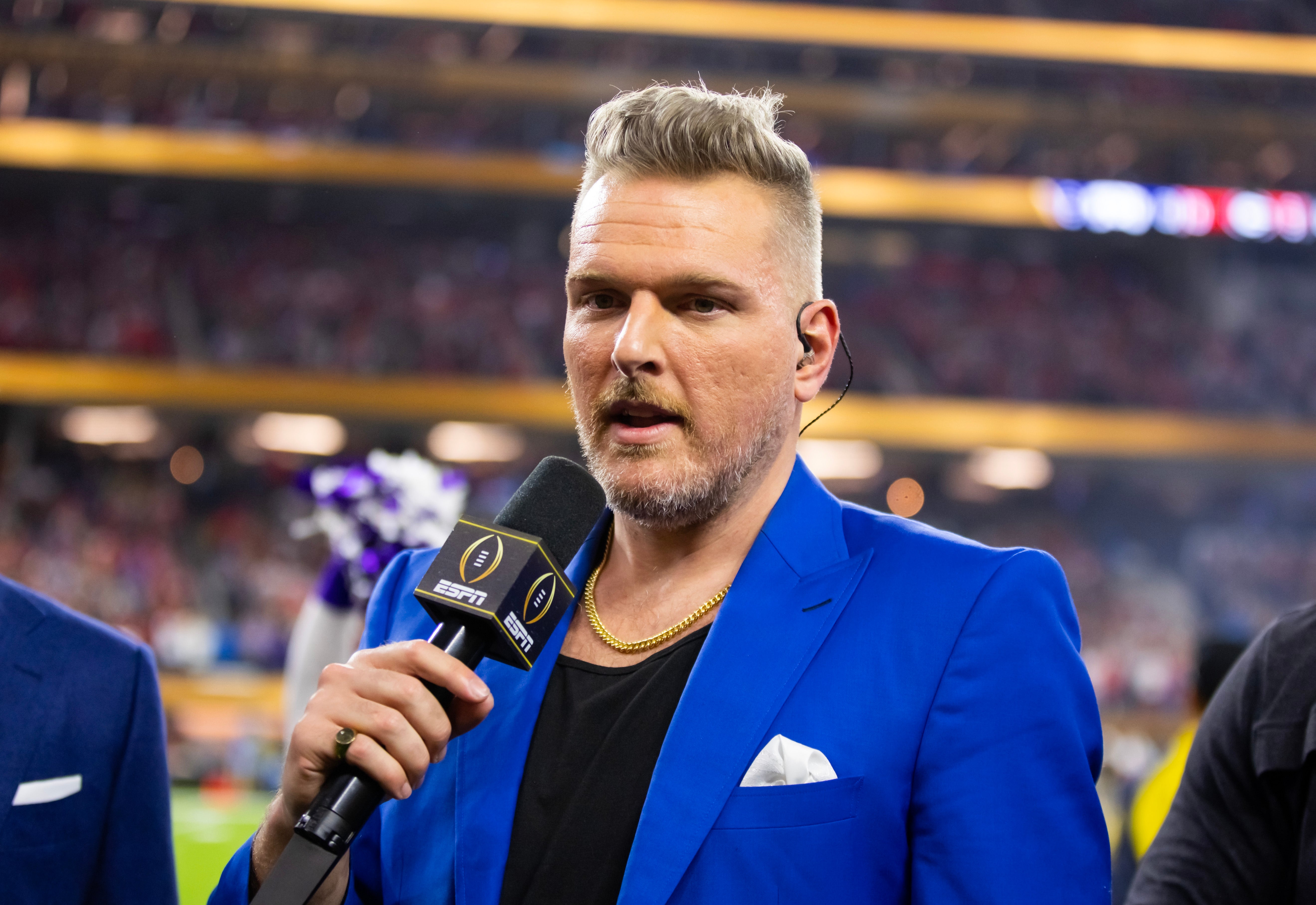Former Indianapolis Colts punter Pat McAfee calling the College Football Playoff from the sidelines.