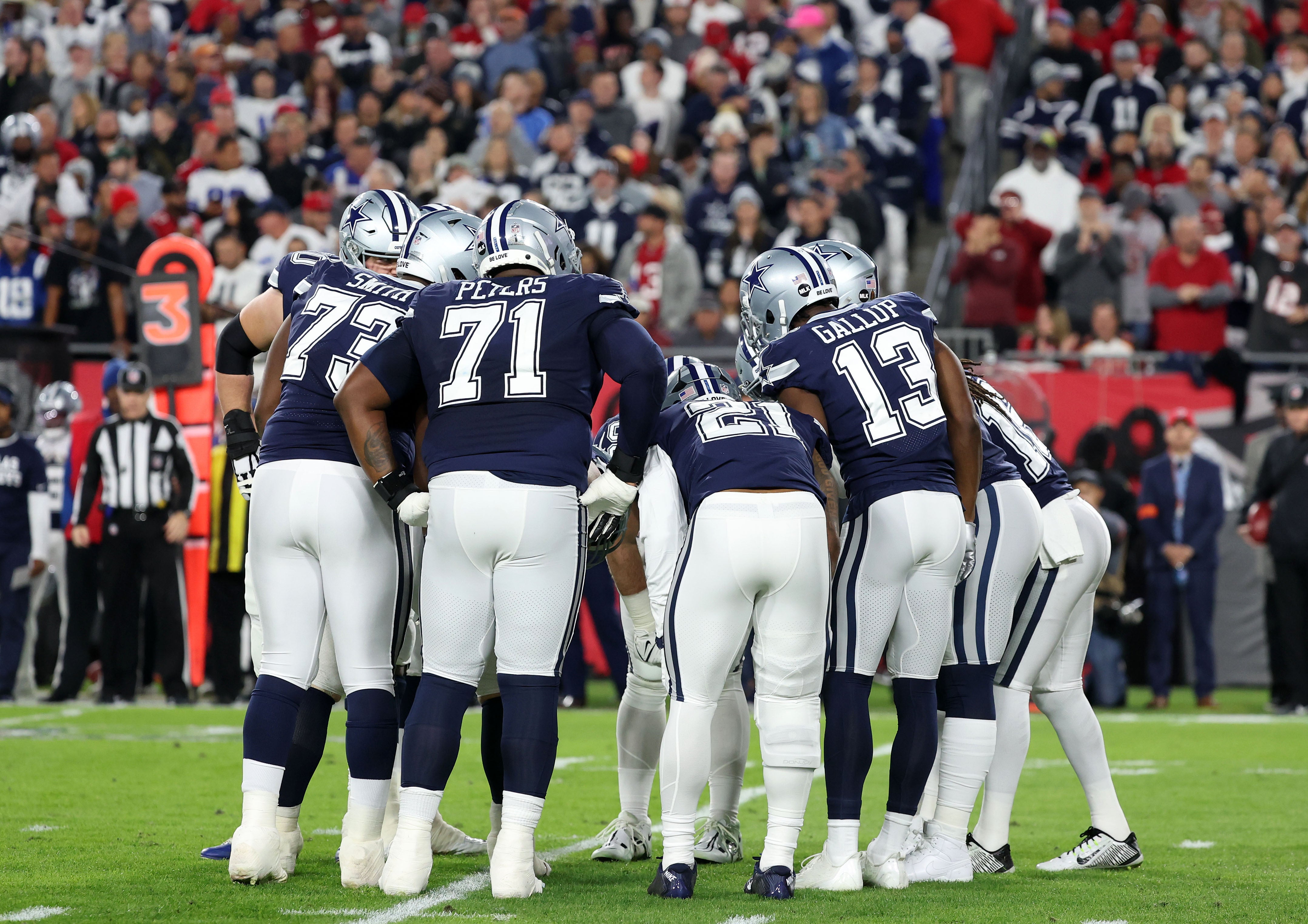 Dallas Cowboys offense in the huddle.