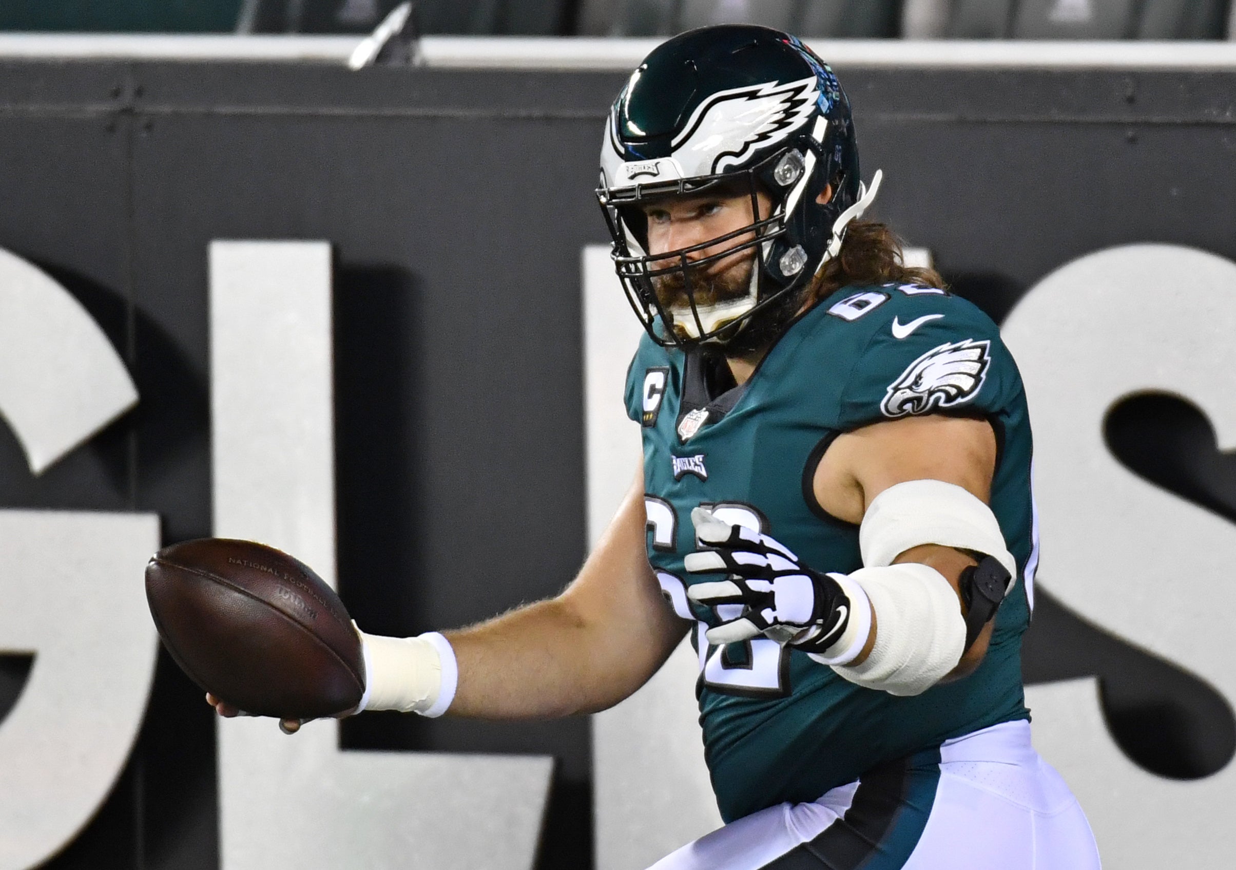 Nov 30, 2020; Philadelphia, Pennsylvania, USA; Philadelphia Eagles center Jason Kelce (62) during warmups against the Seattle Seahawks at Lincoln Financial Field.