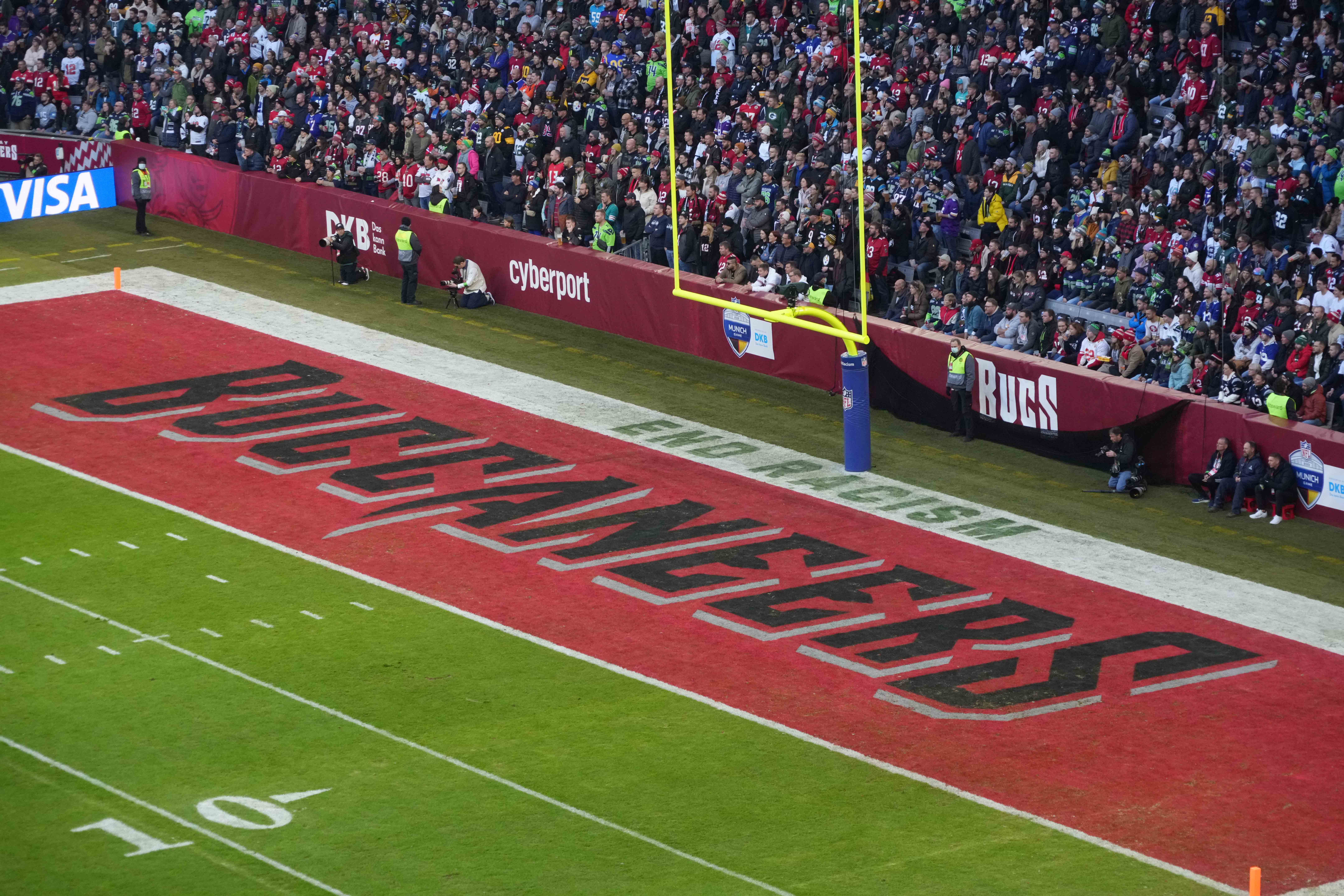 Nov 13, 2022; Munich, Germany; The words \"End Racism\" and the Tampa Bay Buccaneers logo in the end zone at Allianz Arena. Mandatory Credit: Kirby Lee-USA TODAY Sports