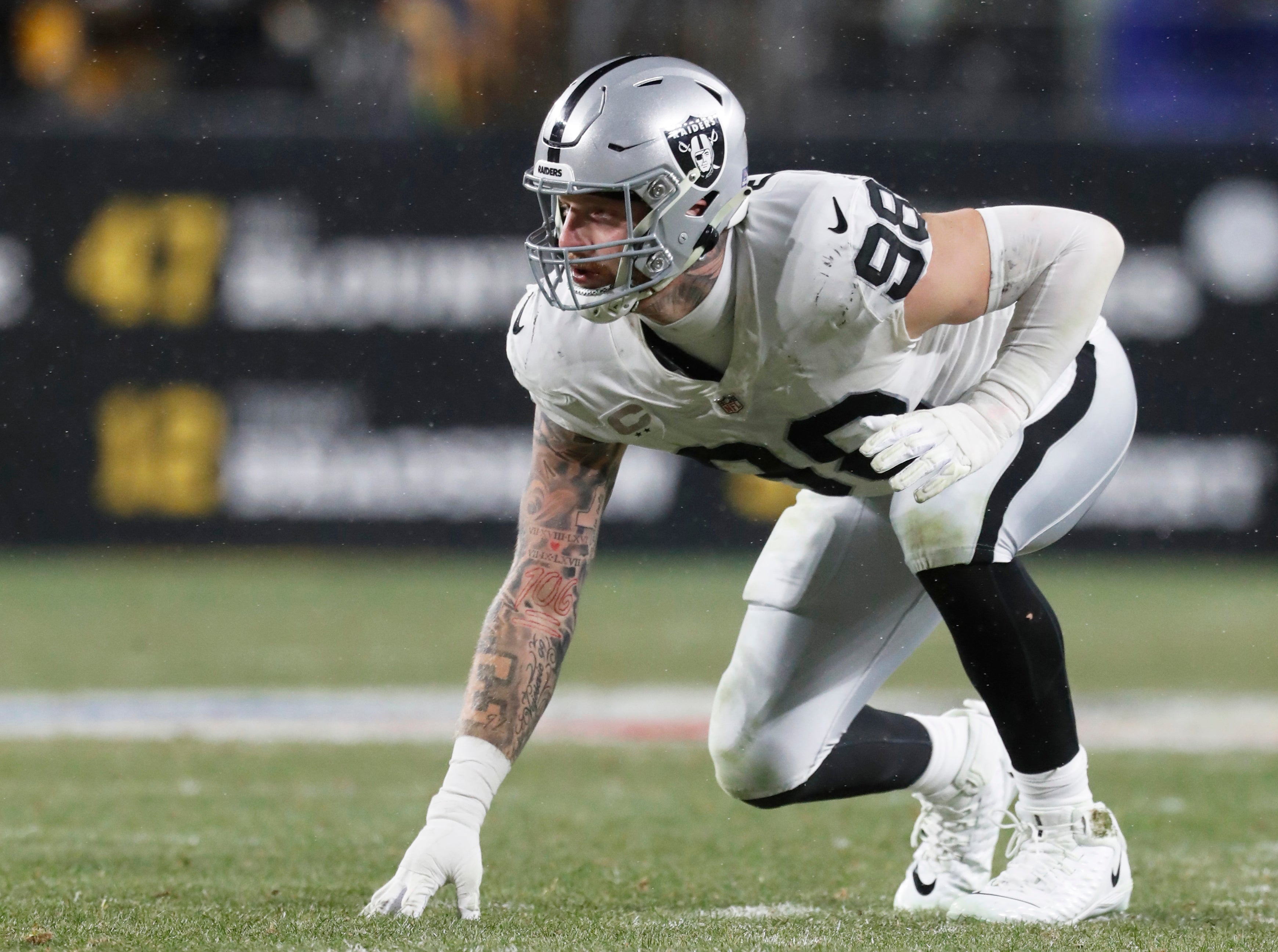 Dec 24, 2022; Pittsburgh, Pennsylvania, USA; Las Vegas Raiders defensive end Maxx Crosby (98) at the line of scrimmage against the Pittsburgh Steelers during the third quarter at Acrisure Stadium. The Steelers won 13-10.
