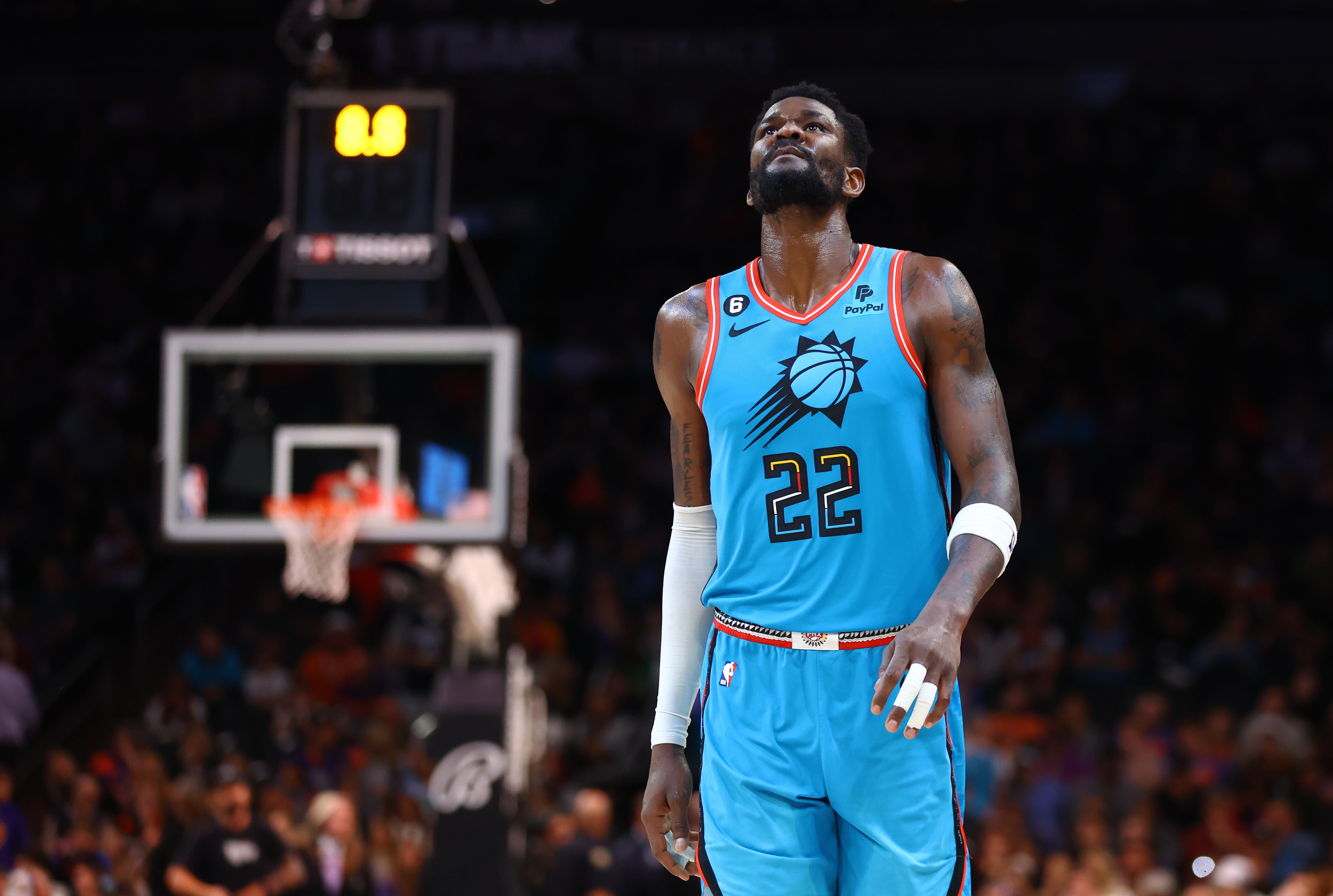 Mar 16, 2023; Phoenix, Arizona, USA; Phoenix Suns center Deandre Ayton (22) reacts against the Orlando Magic in the second half at Footprint Center.