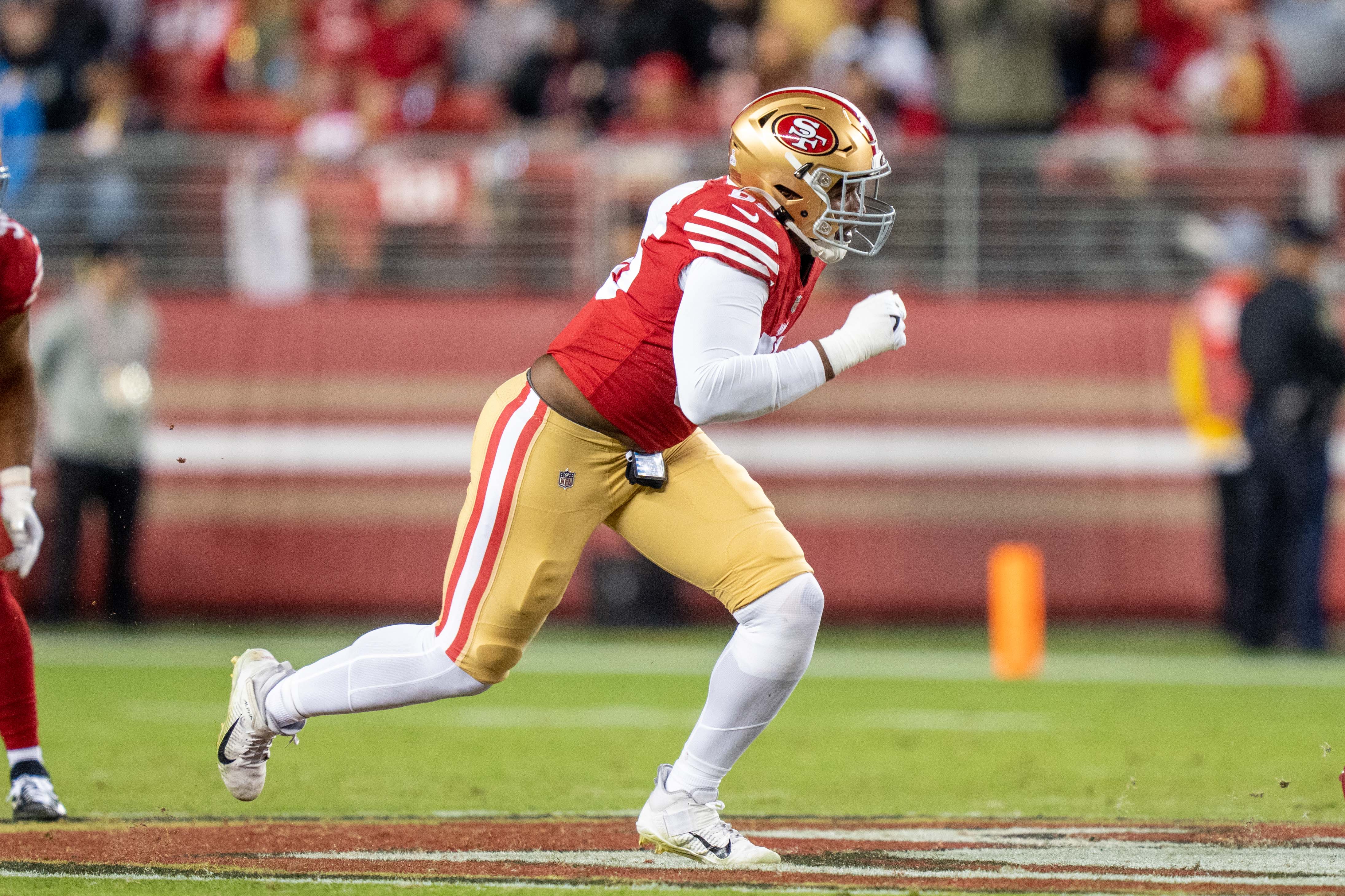 November 13, 2022; Santa Clara, California, USA; San Francisco 49ers defensive end Drake Jackson (95) during the second quarter against the Los Angeles Chargers at Levi's Stadium. Mandatory Credit: Kyle Terada-USA TODAY Sports