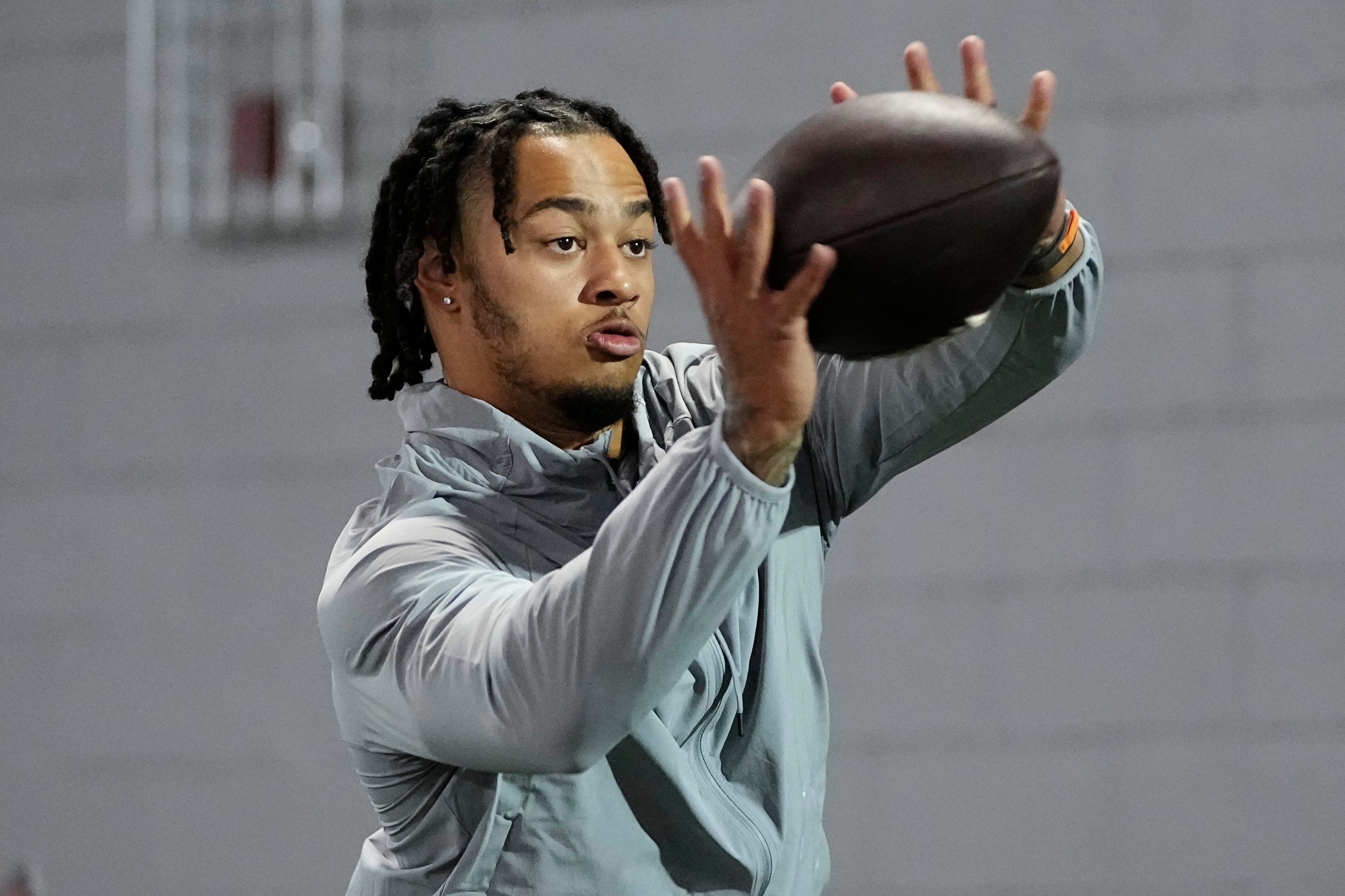 Ohio State Buckeyes wide receiver Jaxon Smith-Njigba catches a pass during Ohio State football s pro day at the Woody Hayes Athletic Center in Columbus on March 22, 2023. Football Ceb Osufb Pro Day