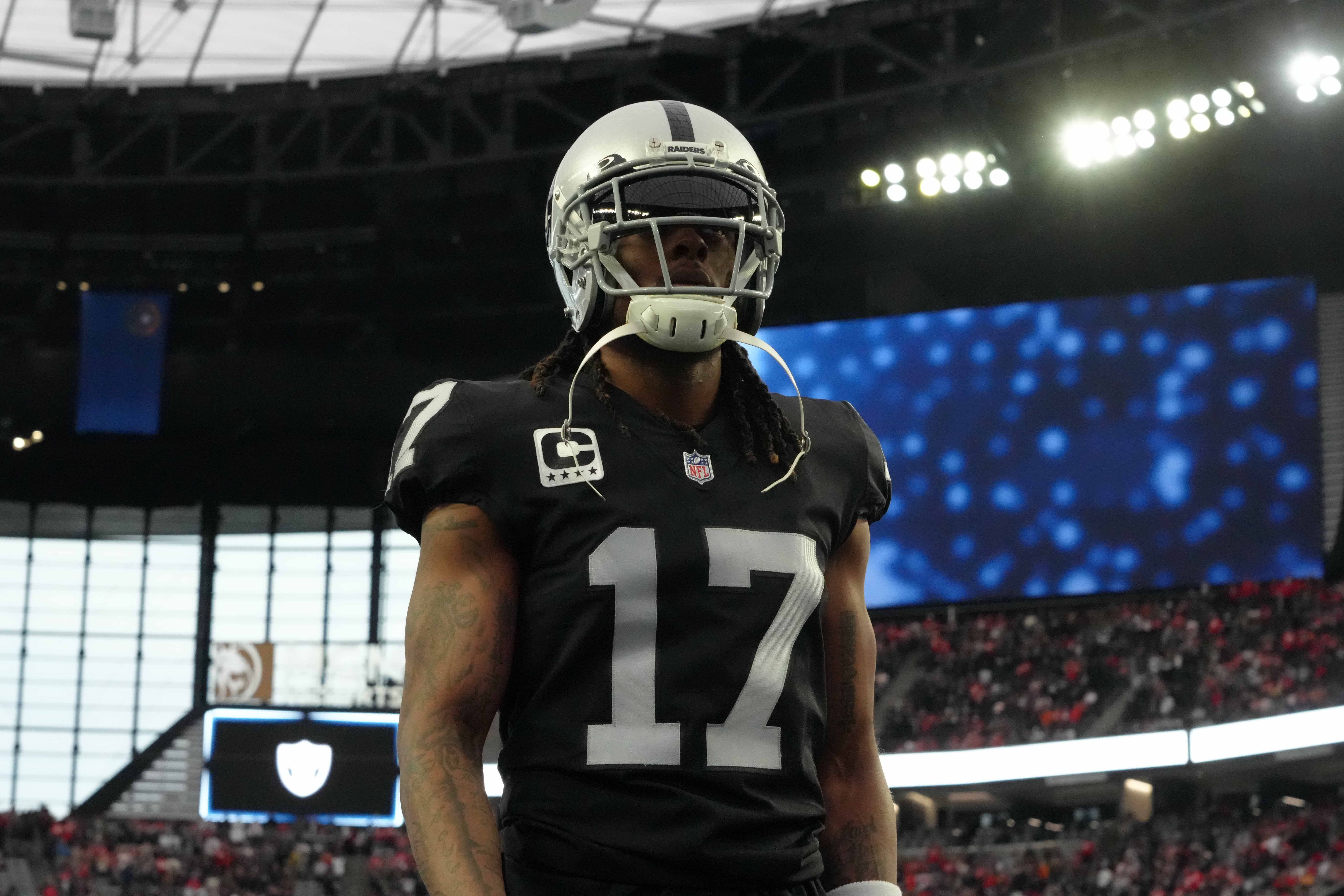 Jan 7, 2023; Paradise, Nevada, USA; Las Vegas Raiders receiver Davante Adams (17) reacts during the game against the Kansas City Chiefs at Allegiant Stadium. Mandatory Credit: Kirby Lee-USA TODAY Sports.