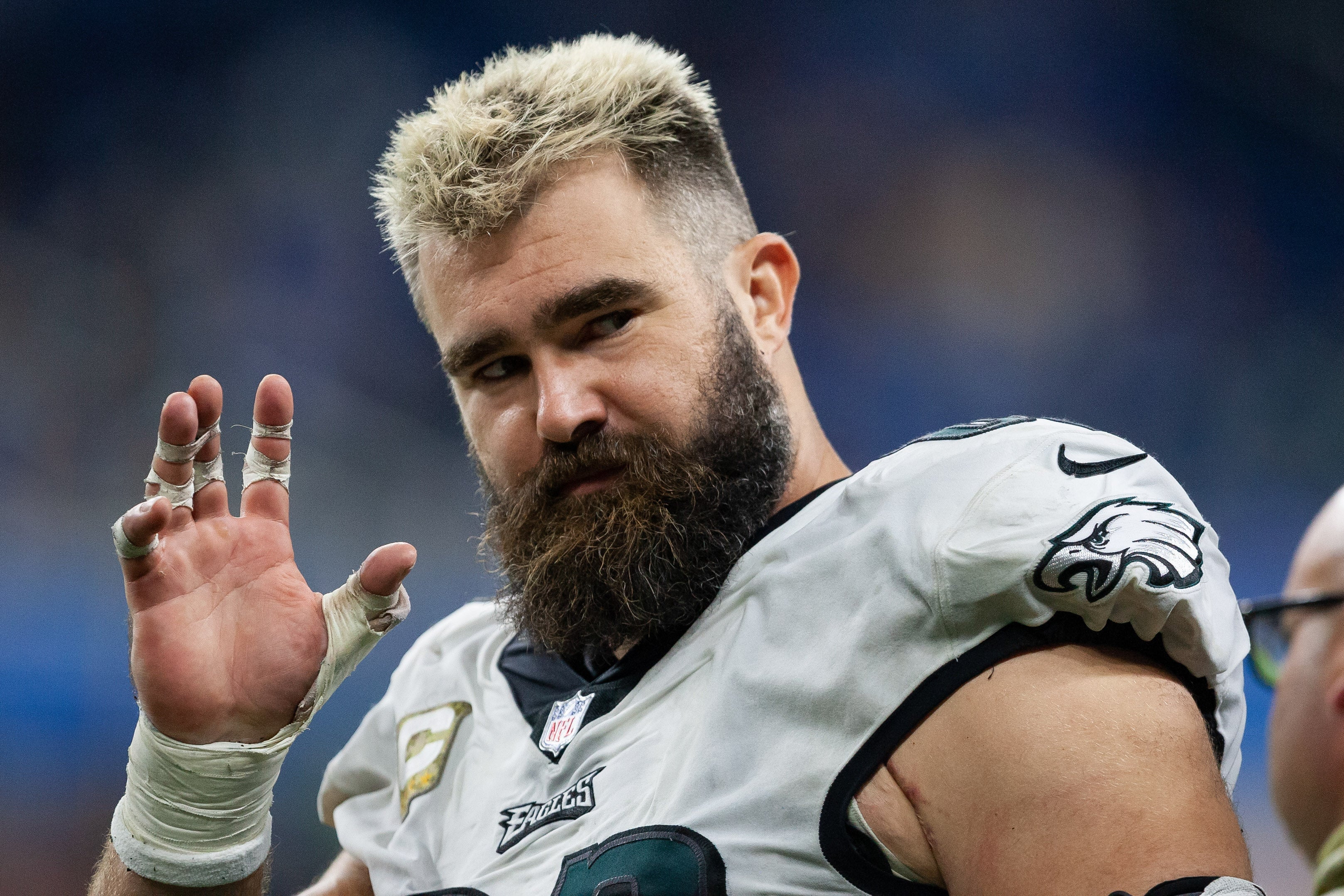 Oct 31, 2021; Detroit, Michigan, USA; Philadelphia Eagles center Jason Kelce (62) waves to a fan during the fourth quarter against the Detroit Lions at Ford Field. Mandatory Credit: Raj Mehta-USA TODAY Sports.