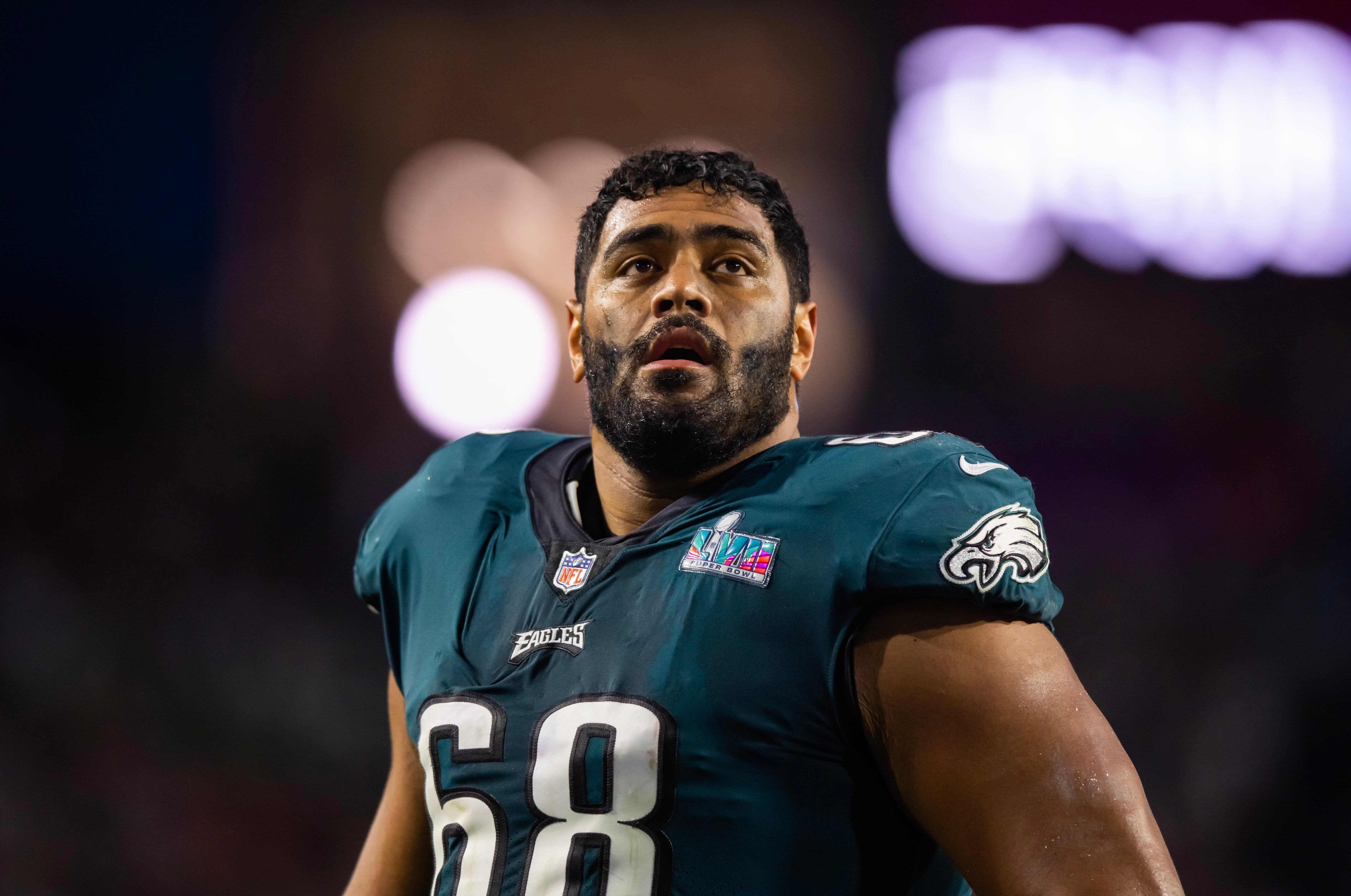Feb 12, 2023; Glendale, Arizona, US; Philadelphia Eagles offensive tackle Jordan Mailata (68) against the Kansas City Chiefs during Super Bowl LVII at State Farm Stadium. Mandatory Credit: Mark J. Rebilas-USA TODAY Sports.