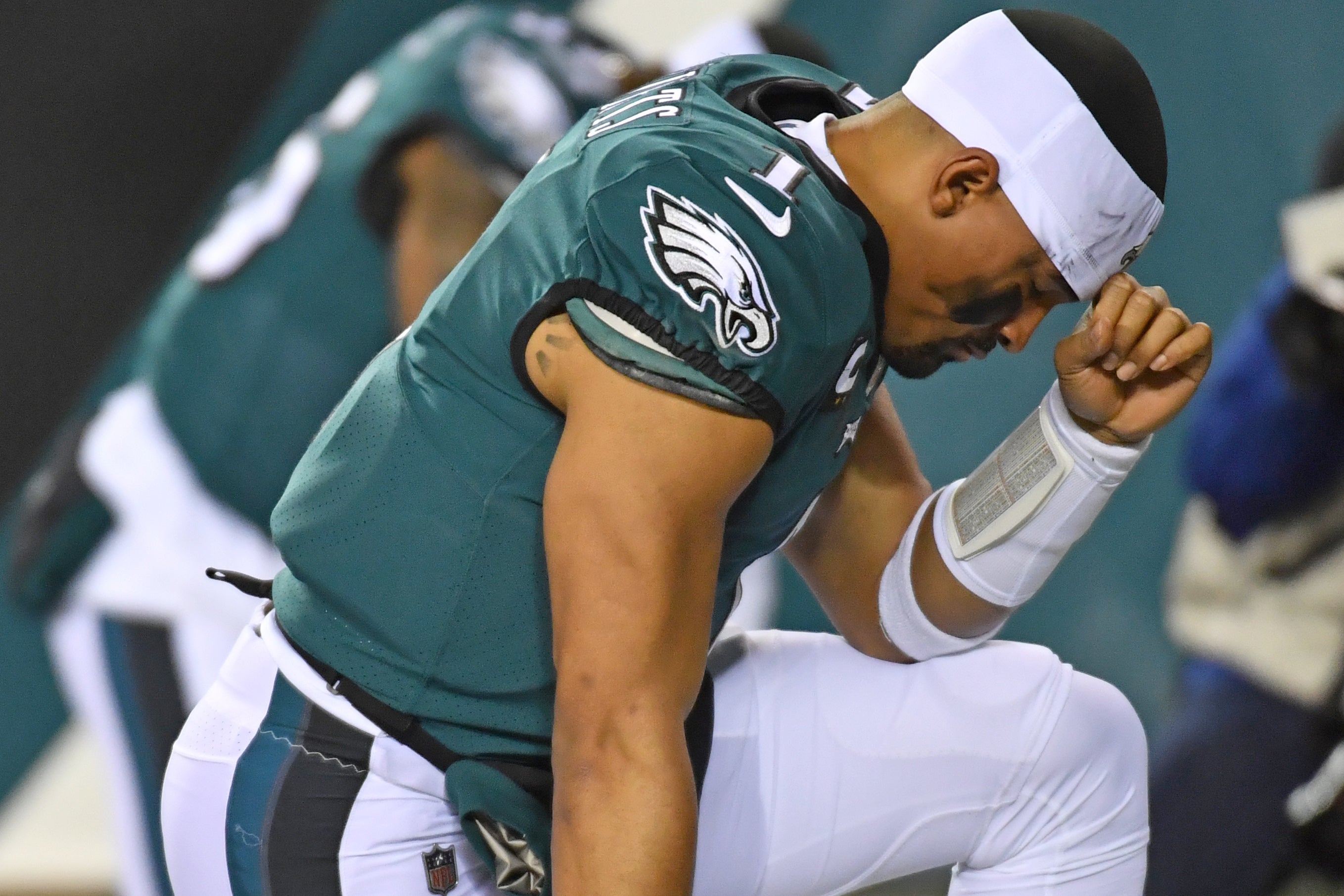 Jan 21, 2023; Philadelphia, Pennsylvania, USA; Philadelphia Eagles quarterback Jalen Hurts (1) against the New York Giants during an NFC divisional round game at Lincoln Financial Field.