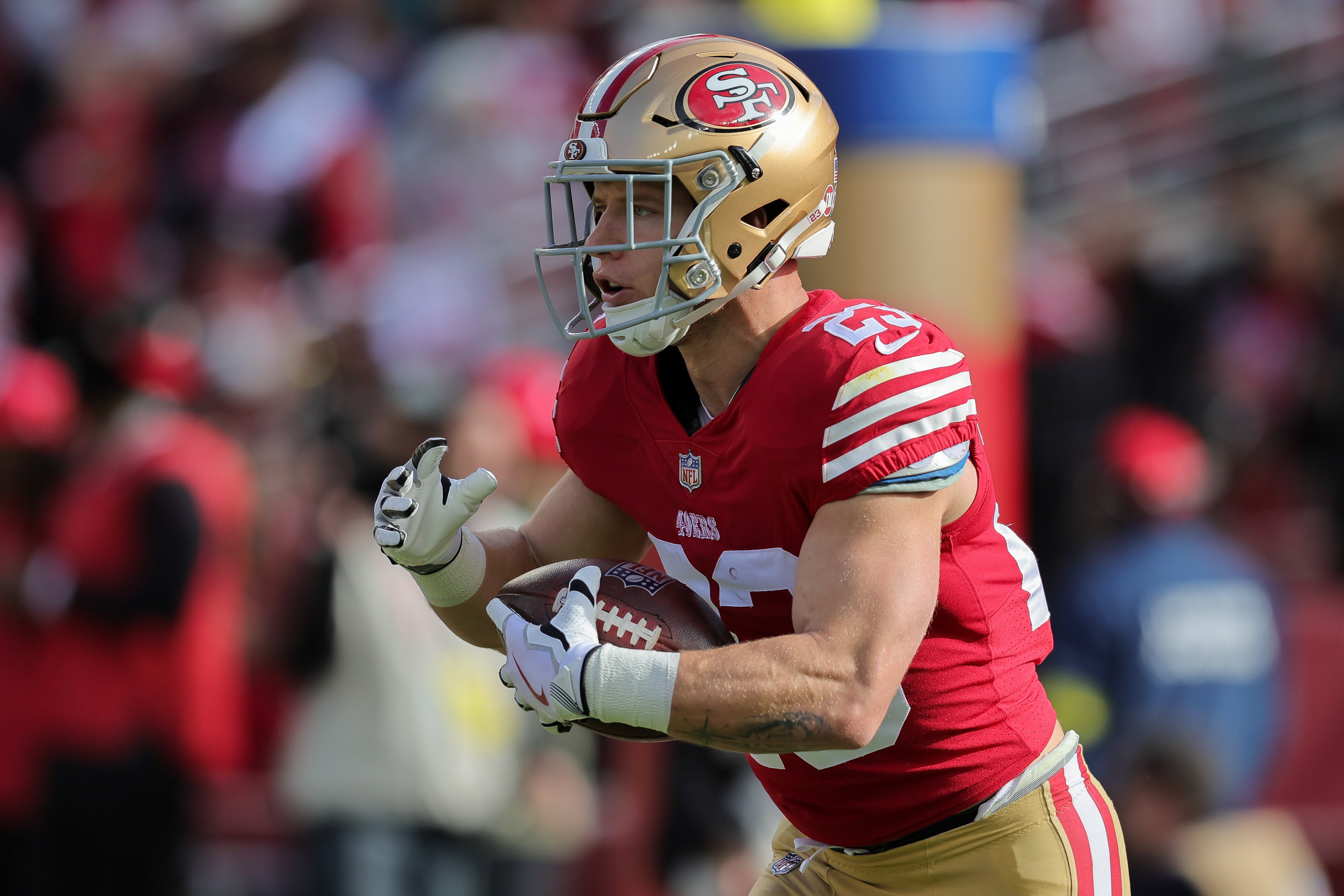 Dec 4, 2022; Santa Clara, California, USA; San Francisco 49ers running back Christian McCaffrey (23) before the game against the Miami Dolphins at Levi's Stadium.