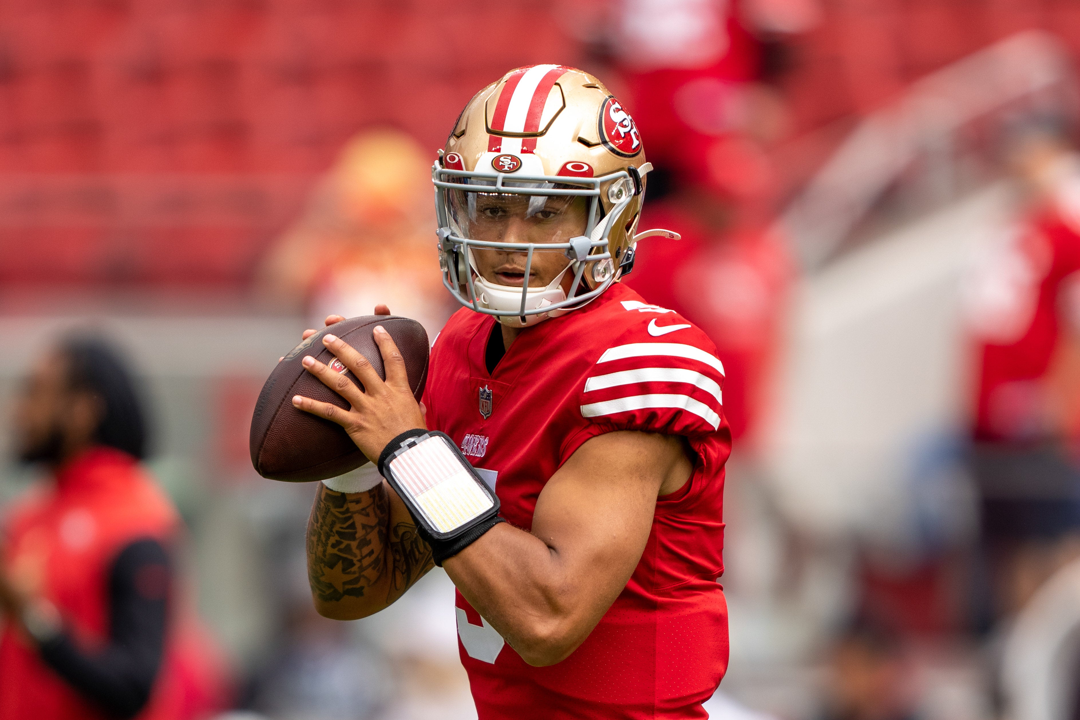 September 18, 2022; Santa Clara, California, USA; San Francisco 49ers quarterback Trey Lance (5) before the game against the Seattle Seahawks at Levi's Stadium.