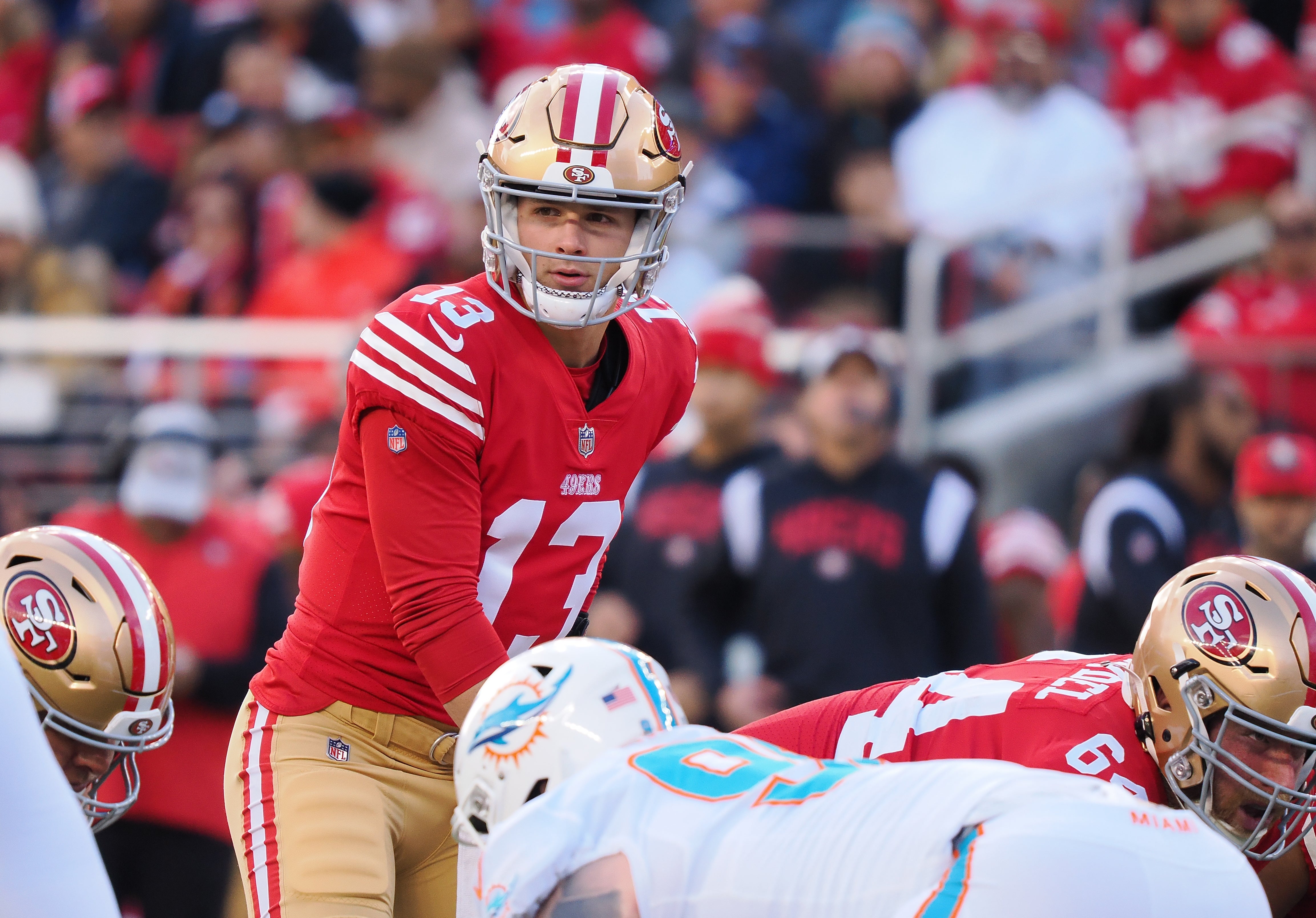Dec 4, 2022; Santa Clara, California, USA; San Francisco 49ers quarterback Brock Purdy (13) prepares for the snap against the Miami Dolphins during the first quarter at Levi's Stadium.