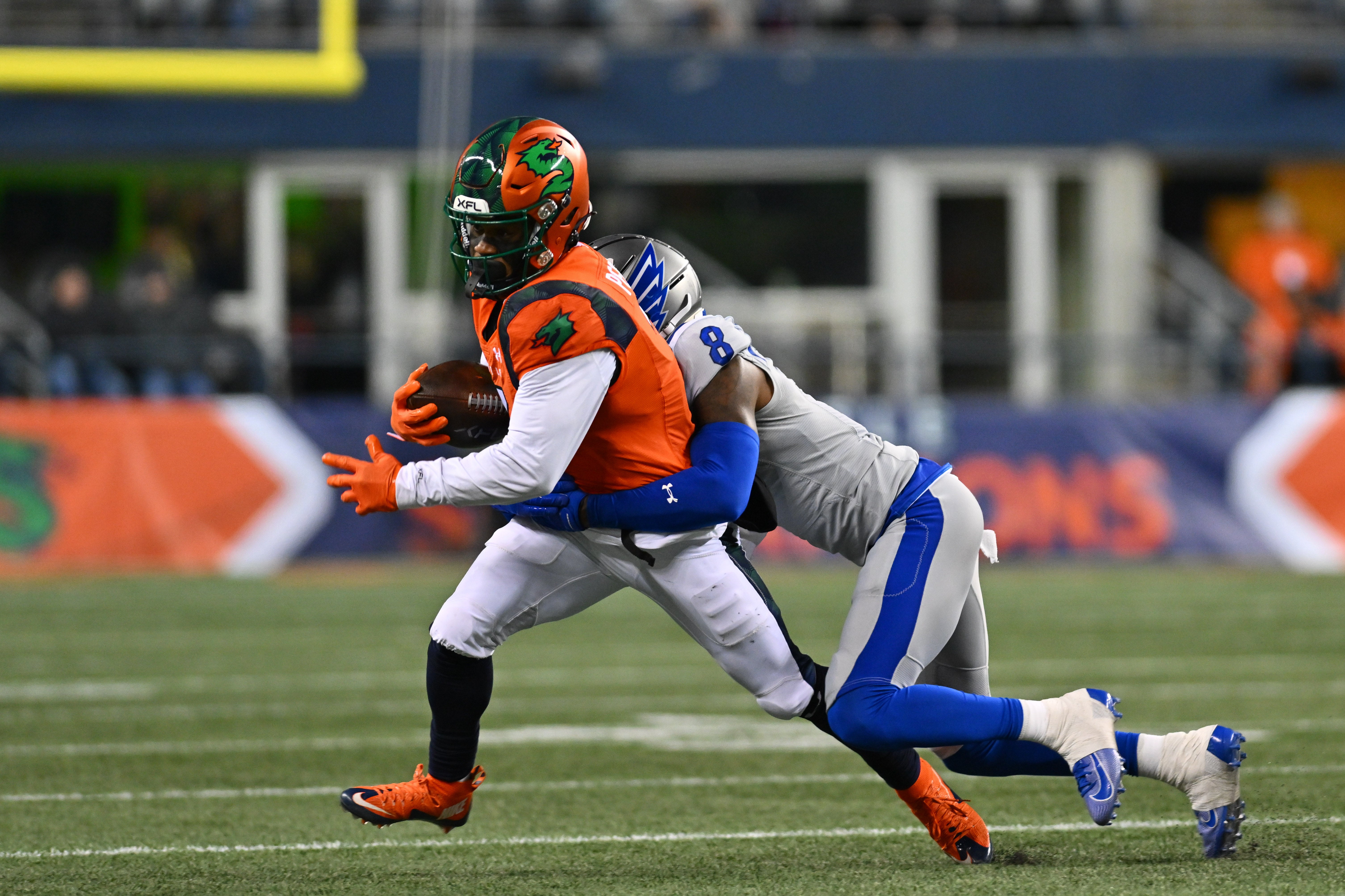 Feb 23, 2023; Seattle, WA, USA; Seattle Sea Dragons wide receiver Jahcour Pearson (3) tries to break away from St. Louis Battlehawks defensive back Mike Hampton (8) during the second half at Lumen Field. St. Louis defeated Seattle 20-18.