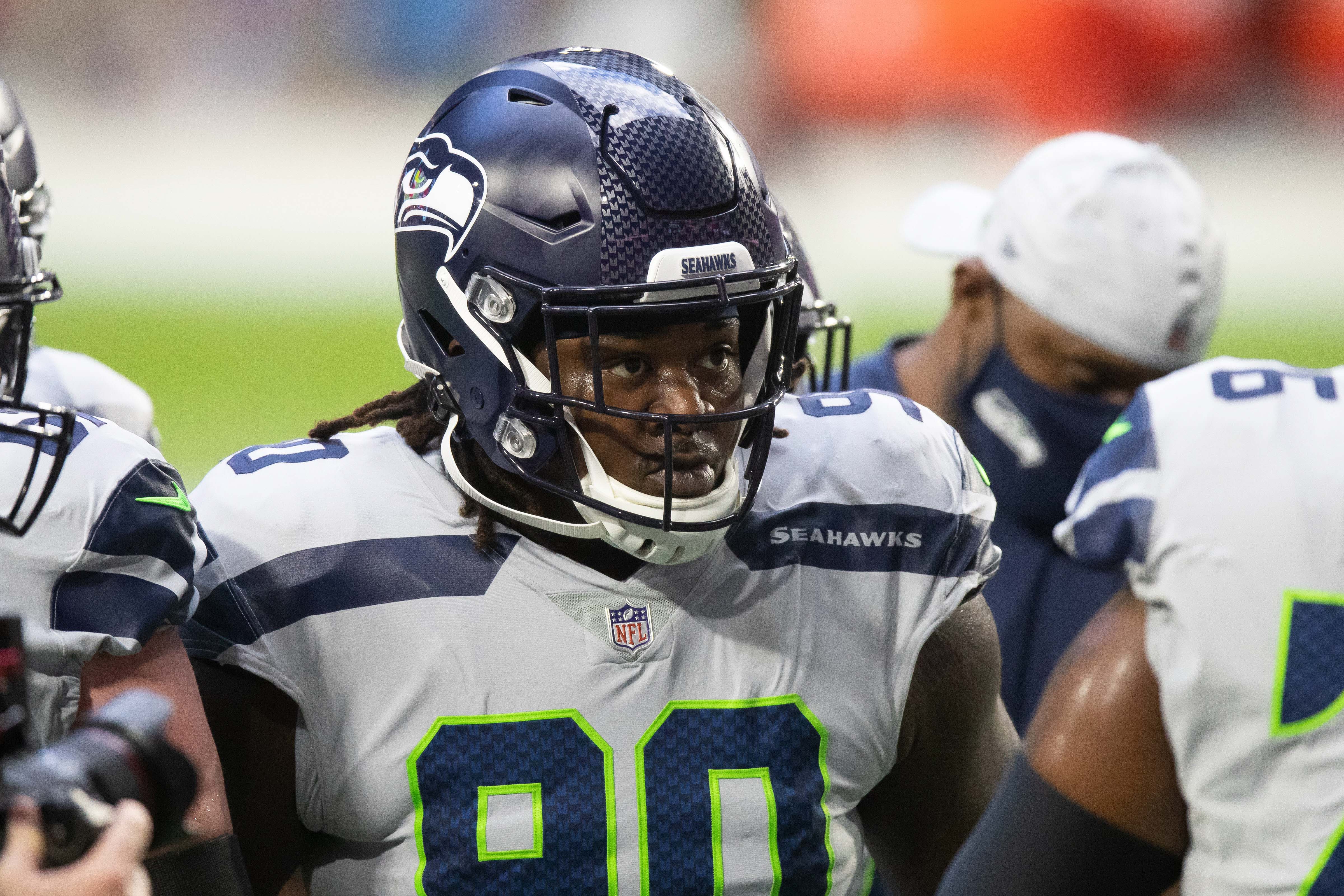 Oct 25, 2020; Glendale, Arizona, USA; Seattle Seahawks defensive tackle Jarran Reed (90) prior to the game against the Arizona Cardinals at State Farm Stadium.