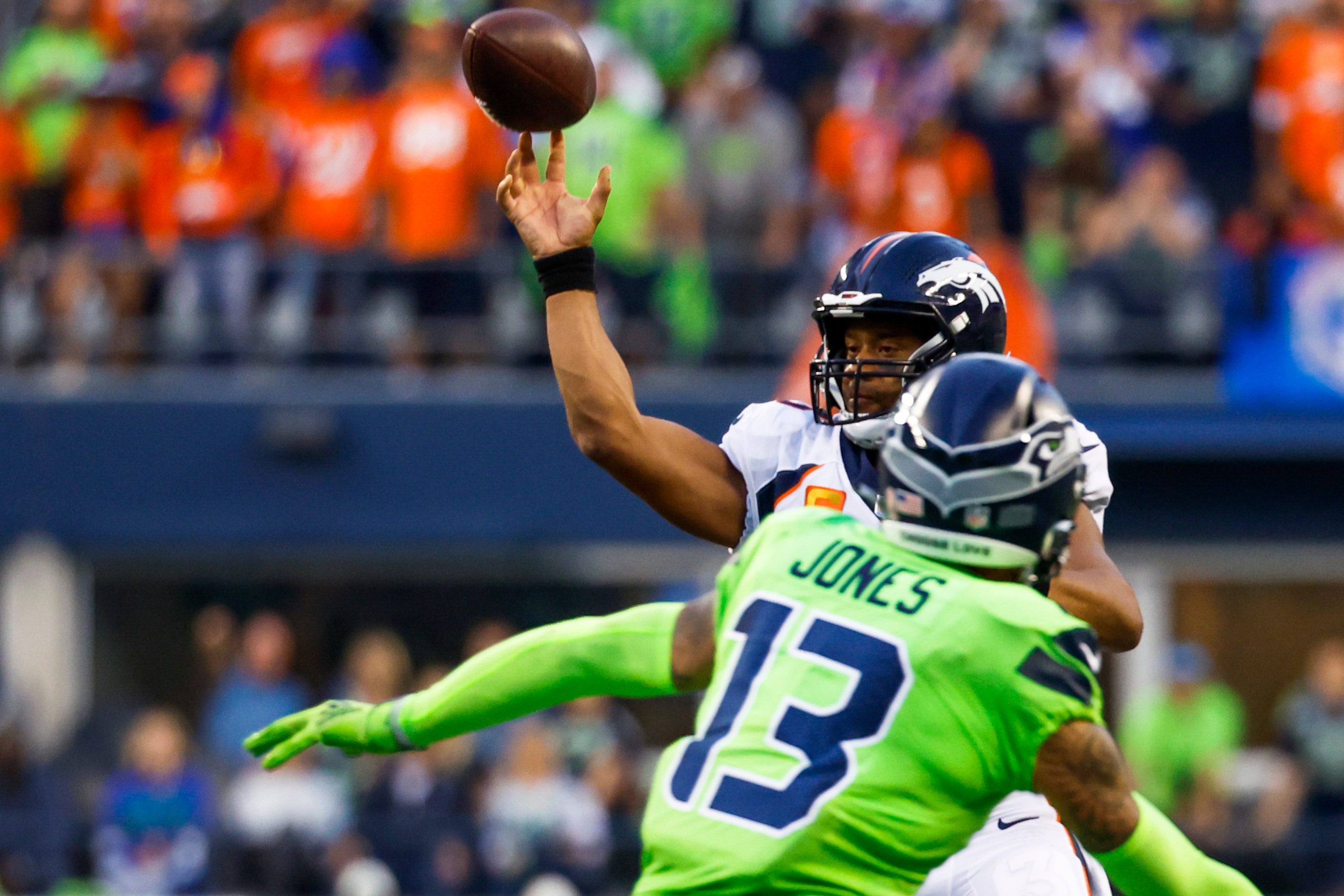 Sep 12, 2022; Seattle, Washington, USA; Denver Broncos quarterback Russell Wilson (3) passes against the Seattle Seahawks during the third quarter at Lumen Field.