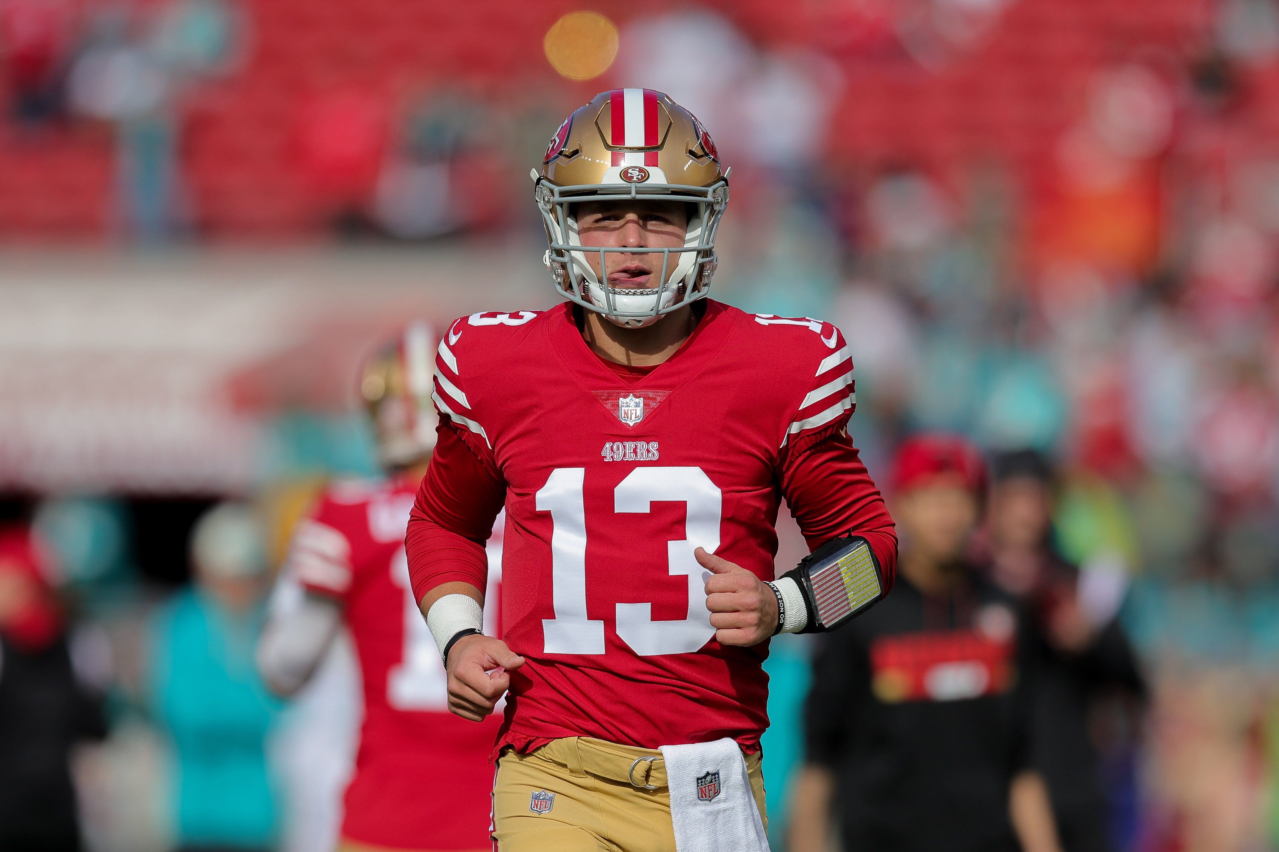 Dec 4, 2022; Santa Clara, California, USA; San Francisco 49ers quarterback Brock Purdy (13) before the game against the Miami Dolphins at Levi's Stadium.