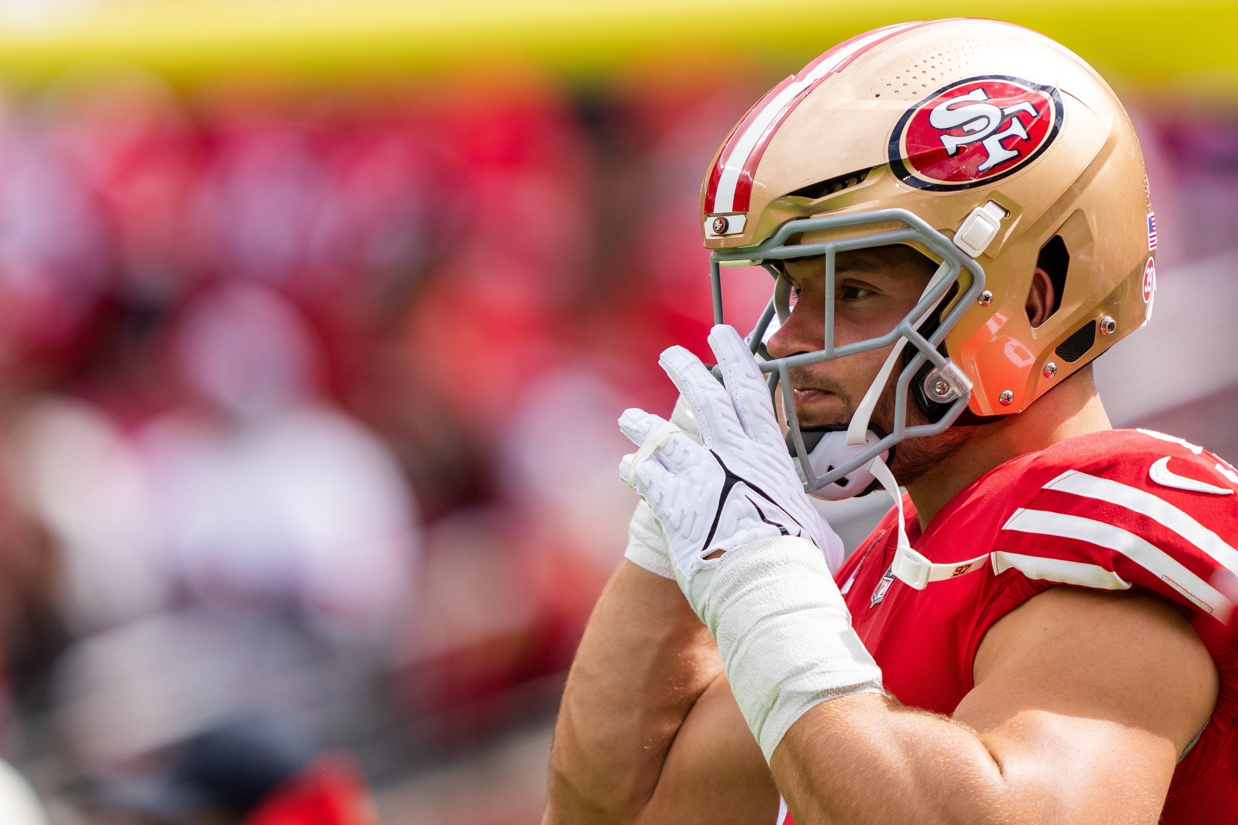 September 18, 2022; Santa Clara, California, USA; San Francisco 49ers defensive end Nick Bosa (97) before the game against the Seattle Seahawks at Levi's Stadium.