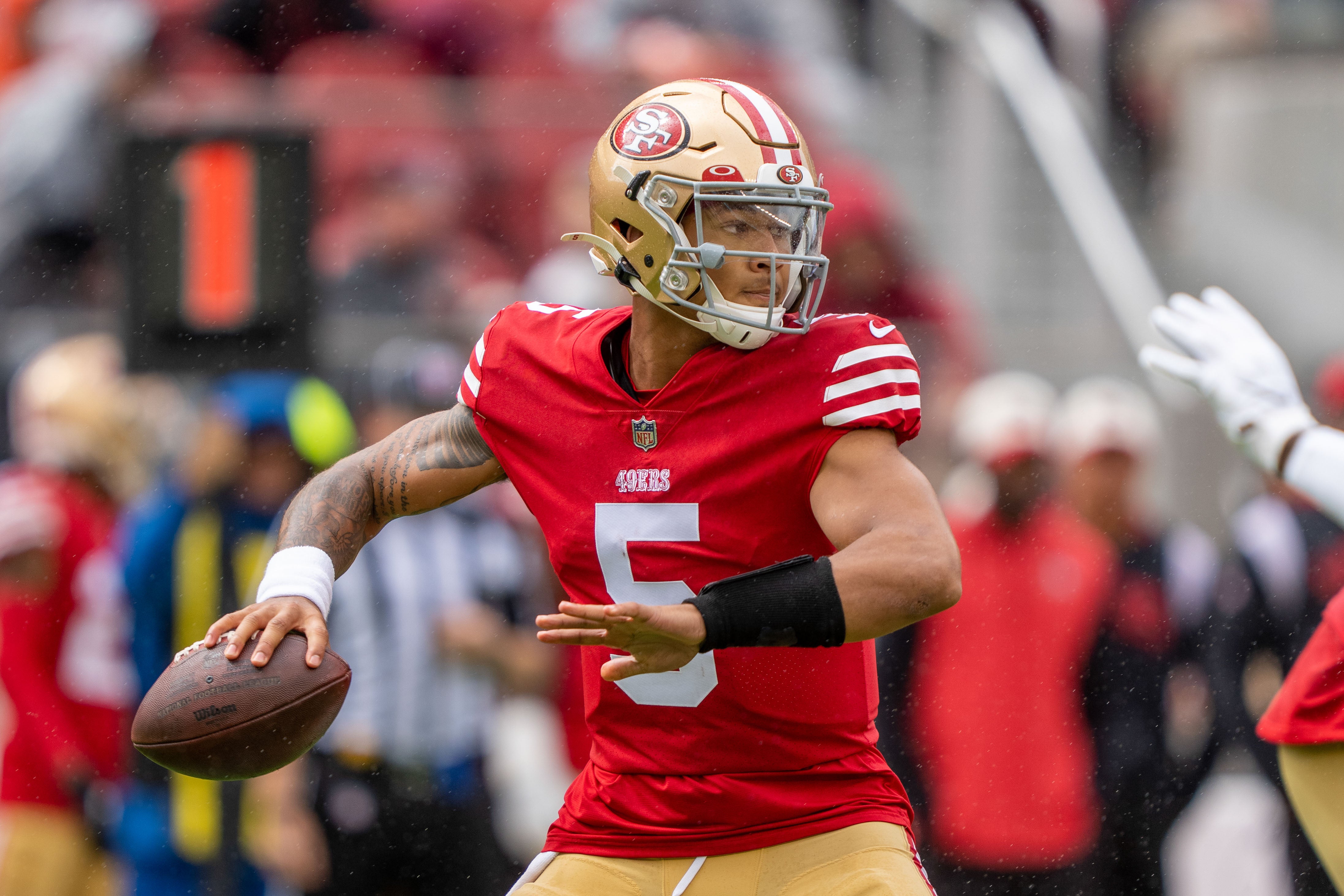 September 18, 2022; Santa Clara, California, USA; San Francisco 49ers quarterback Trey Lance (5) during the first quarter against the Seattle Seahawks at Levi's Stadium.