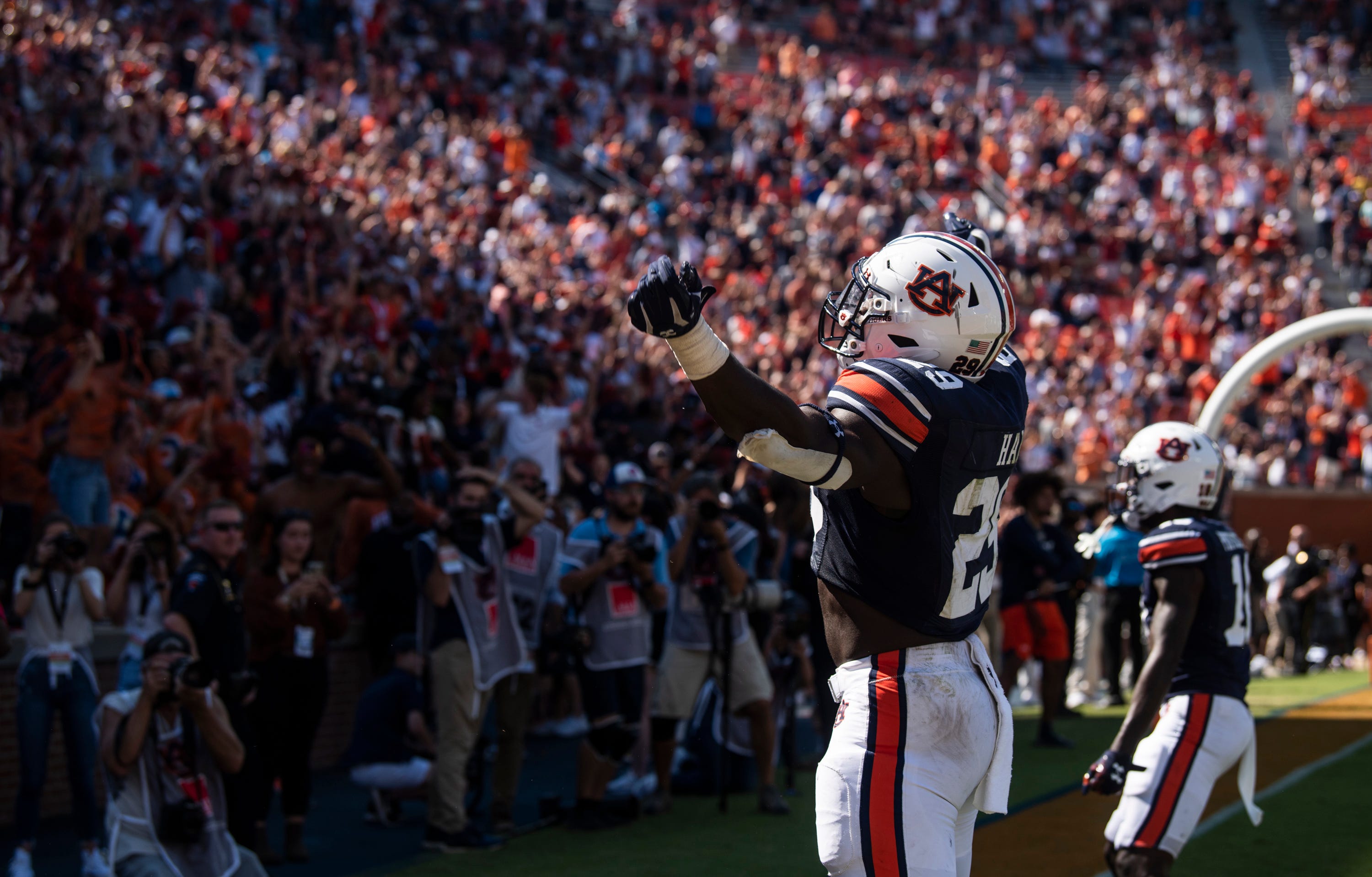 Auburn Tigers defensive lineman Derick Hall (29) celebrates as the final play is called as Auburn Tigers take on Missouri Tigers at Jordan-Hare Stadium in Auburn, Ala., on Saturday, Sept. 24, 2022. Auburn Tigers defeated Missouri Tigers 17-14.