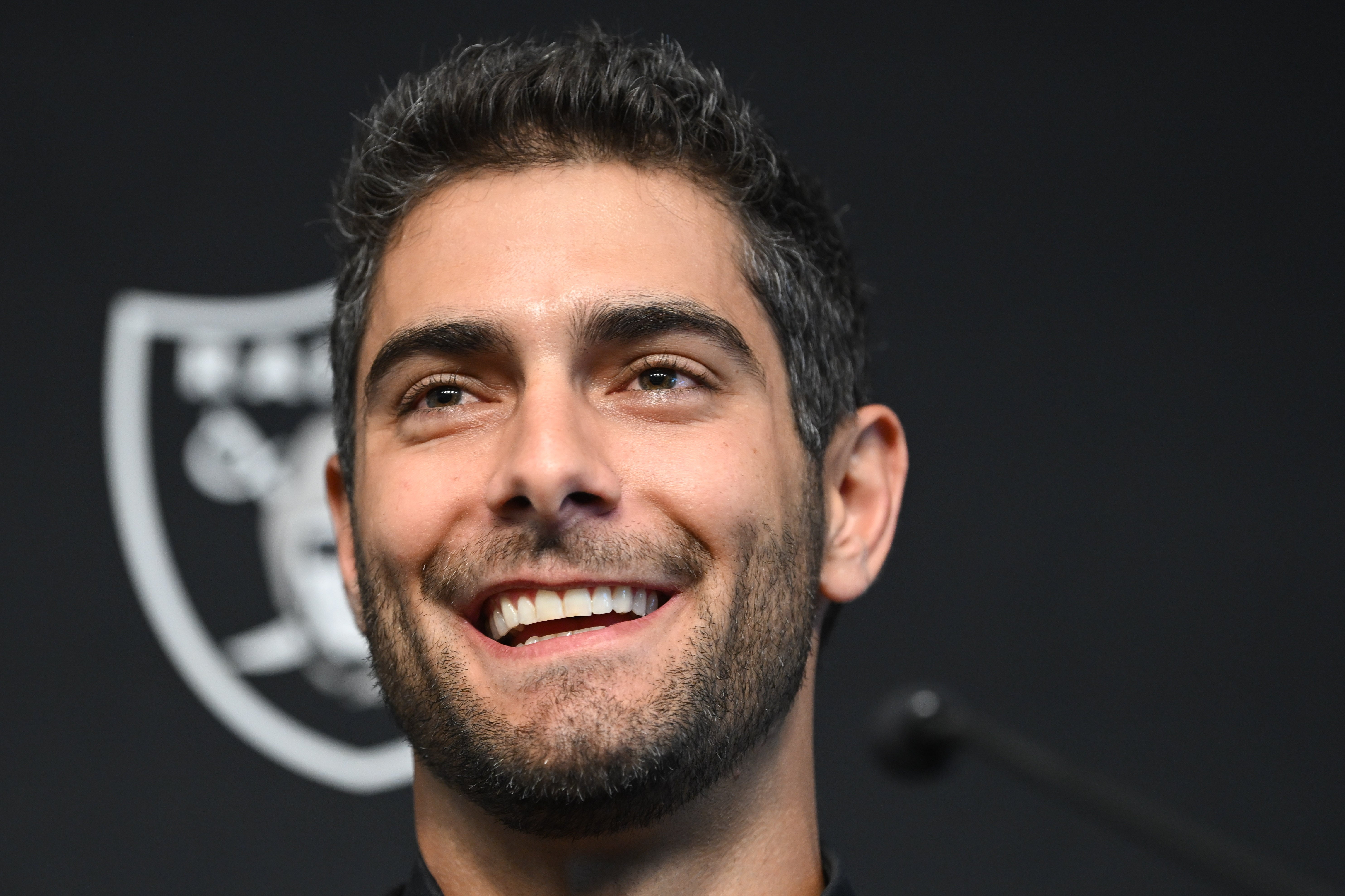 Mar 17, 2023; Henderson, NV, USA; New Las Vegas Raiders quarterback Jimmy Garoppolo speaks to the media at Intermountain Healthcare Performance Center.