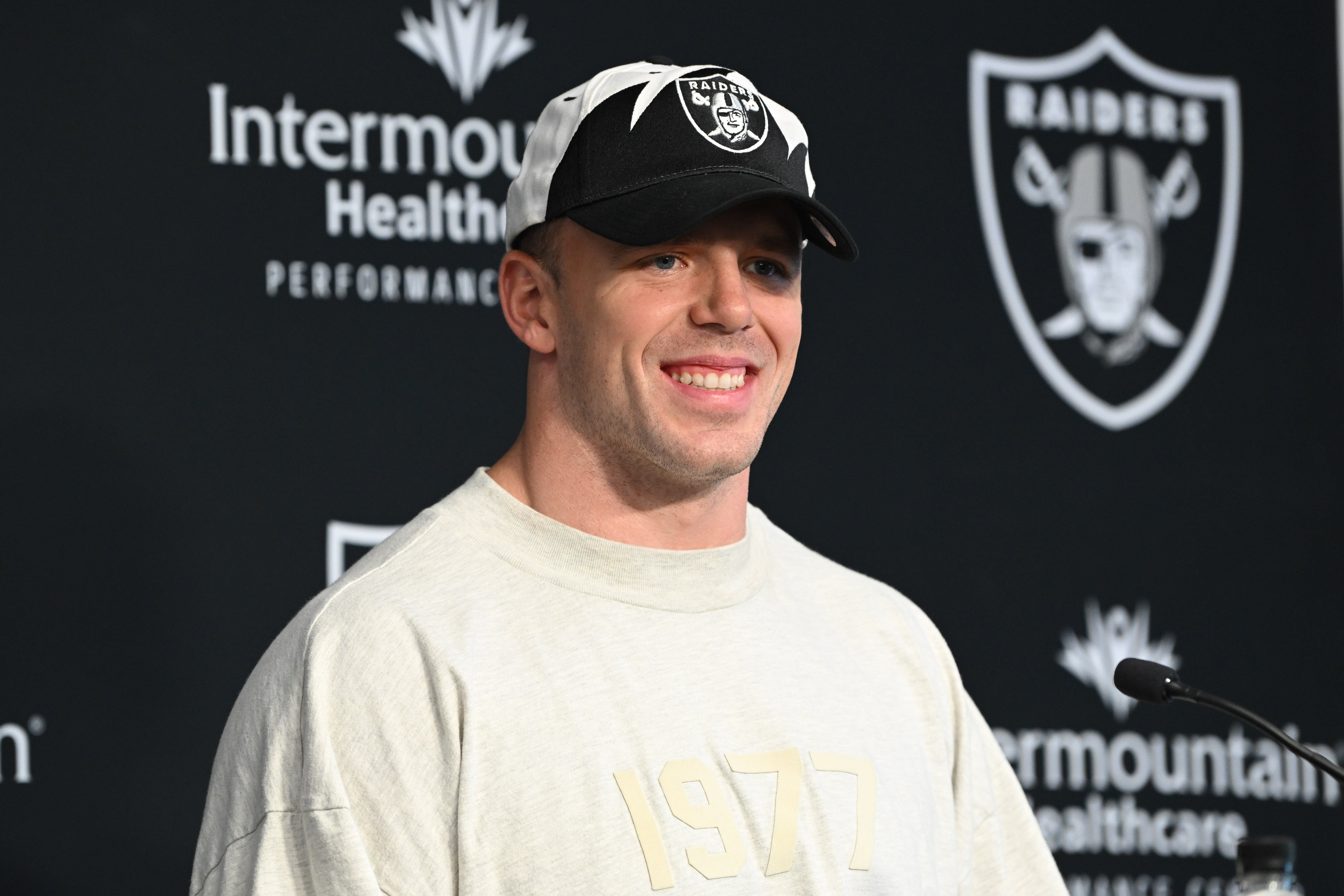 Mar 16, 2023; Henderson, NV, USA; New Las Vegas Raiders linebacker Robert Spillane speaks to the media at Intermountain Healthcare Performance Center.