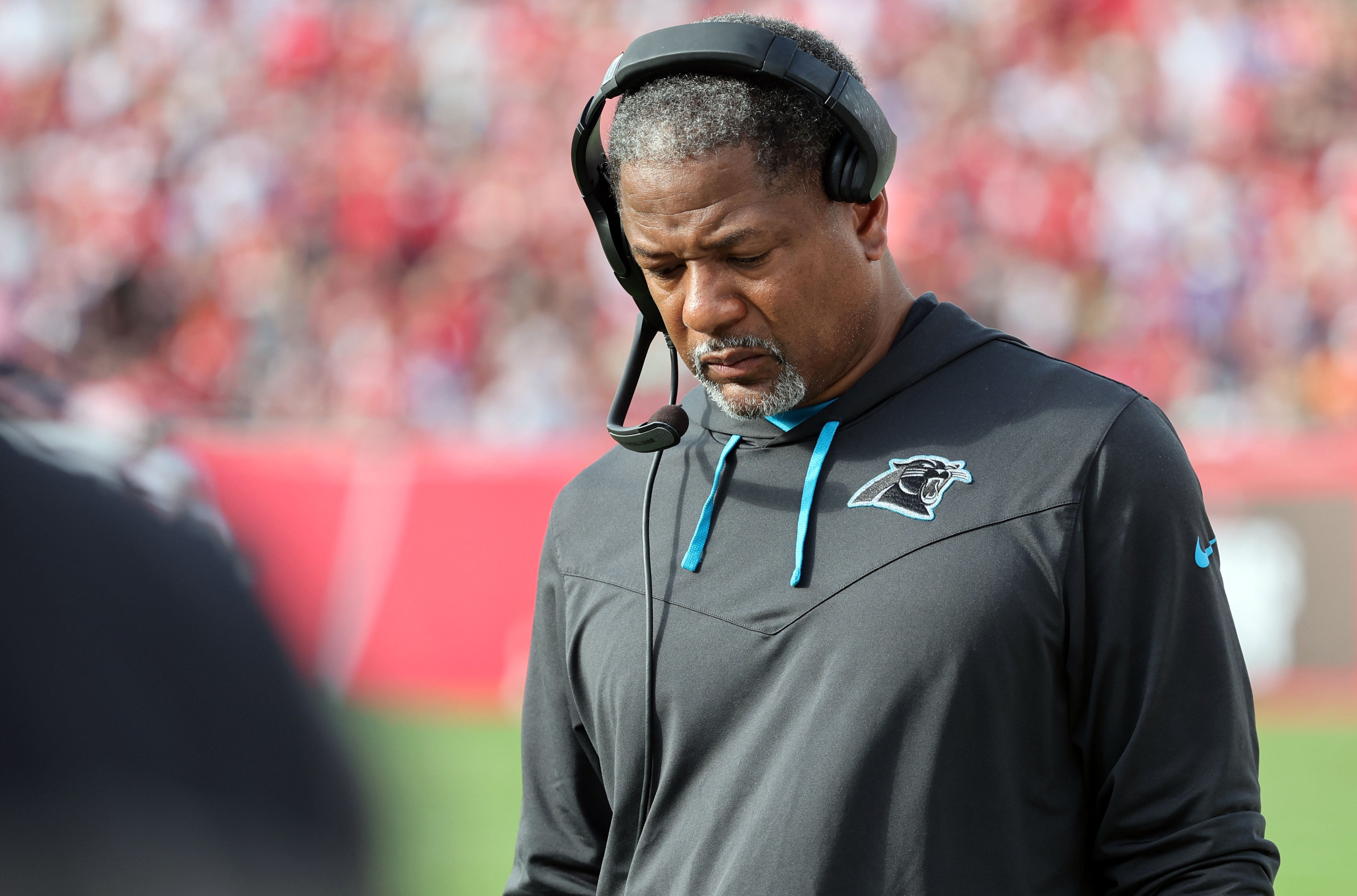 Jan 1, 2023; Tampa, Florida, USA; Carolina Panthers interm head coach Steve Wilks during the second half at Raymond James Stadium.