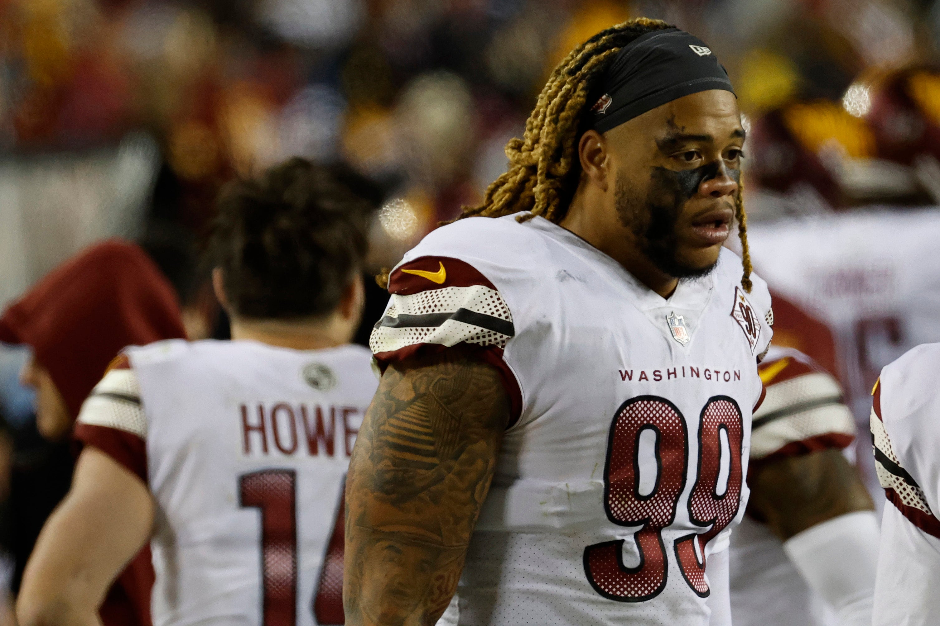 Jan 8, 2023; Landover, Maryland, USA; Washington Commanders defensive end Chase Young (99) stands on the sidelines against the Dallas Cowboys at FedExField.