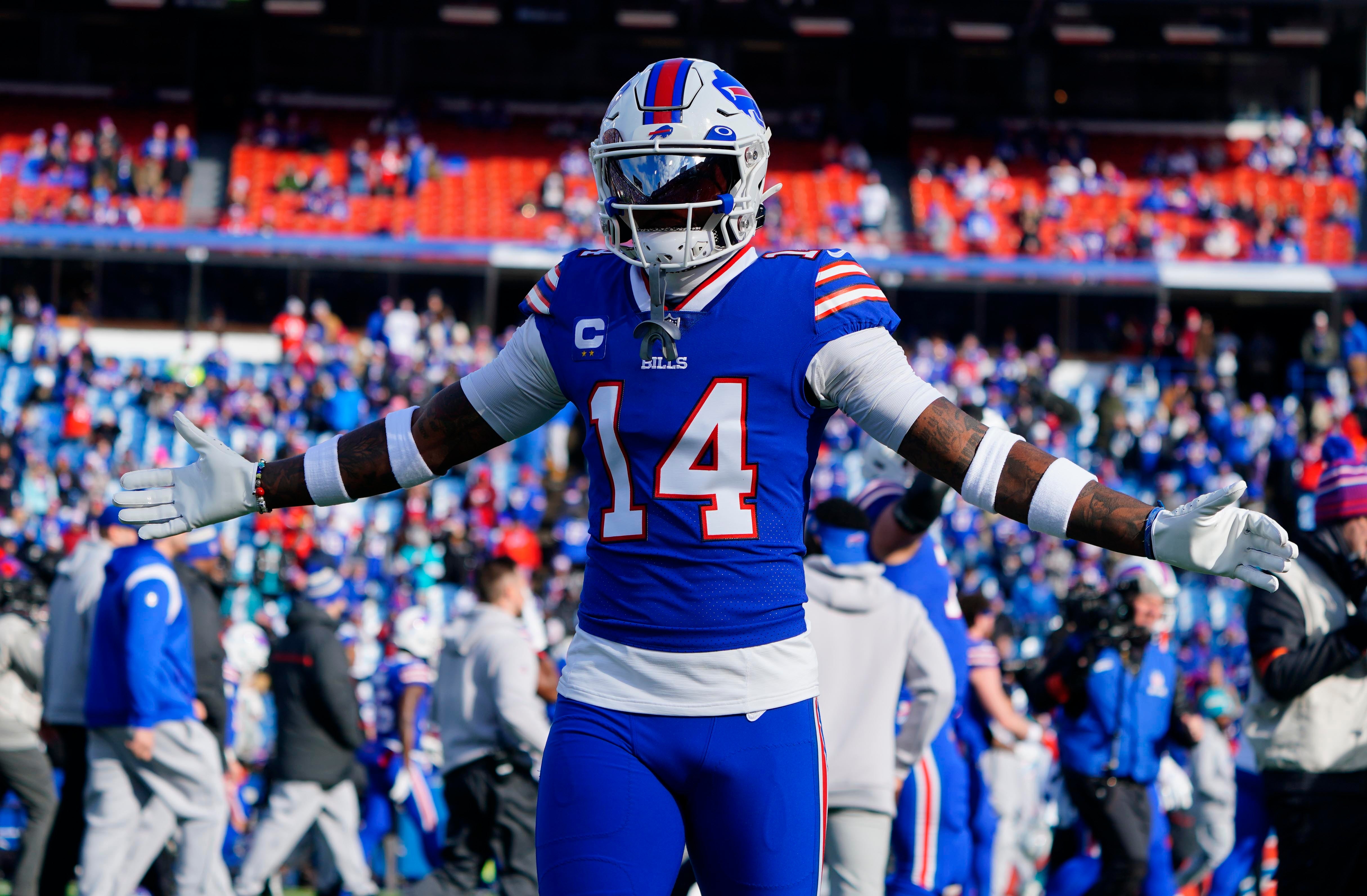 Jan 15, 2023; Orchard Park, NY, USA; Buffalo Bills wide receiver Stefon Diggs (14) warms up before playing against the Miami Dolphins in a NFL wild card game at Highmark Stadium. Mandatory Credit: Gregory Fisher-USA TODAY Sports