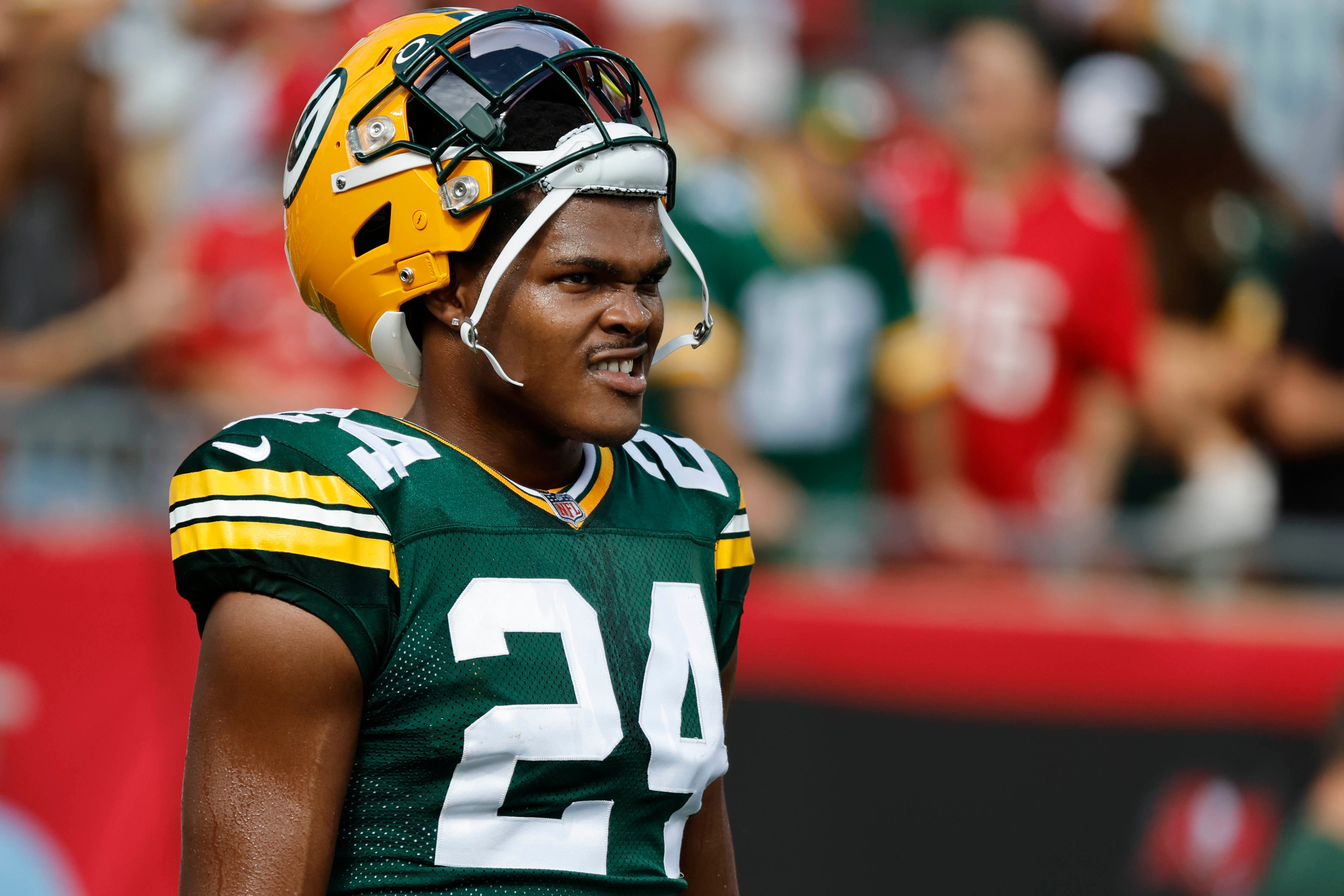 Sep 25, 2022; Tampa, Florida, USA; Green Bay Packers safety Tariq Carpenter (24) looks on against the Tampa Bay Buccaneers at Raymond James Stadium. Mandatory Credit: Kim Klement-USA TODAY Sports