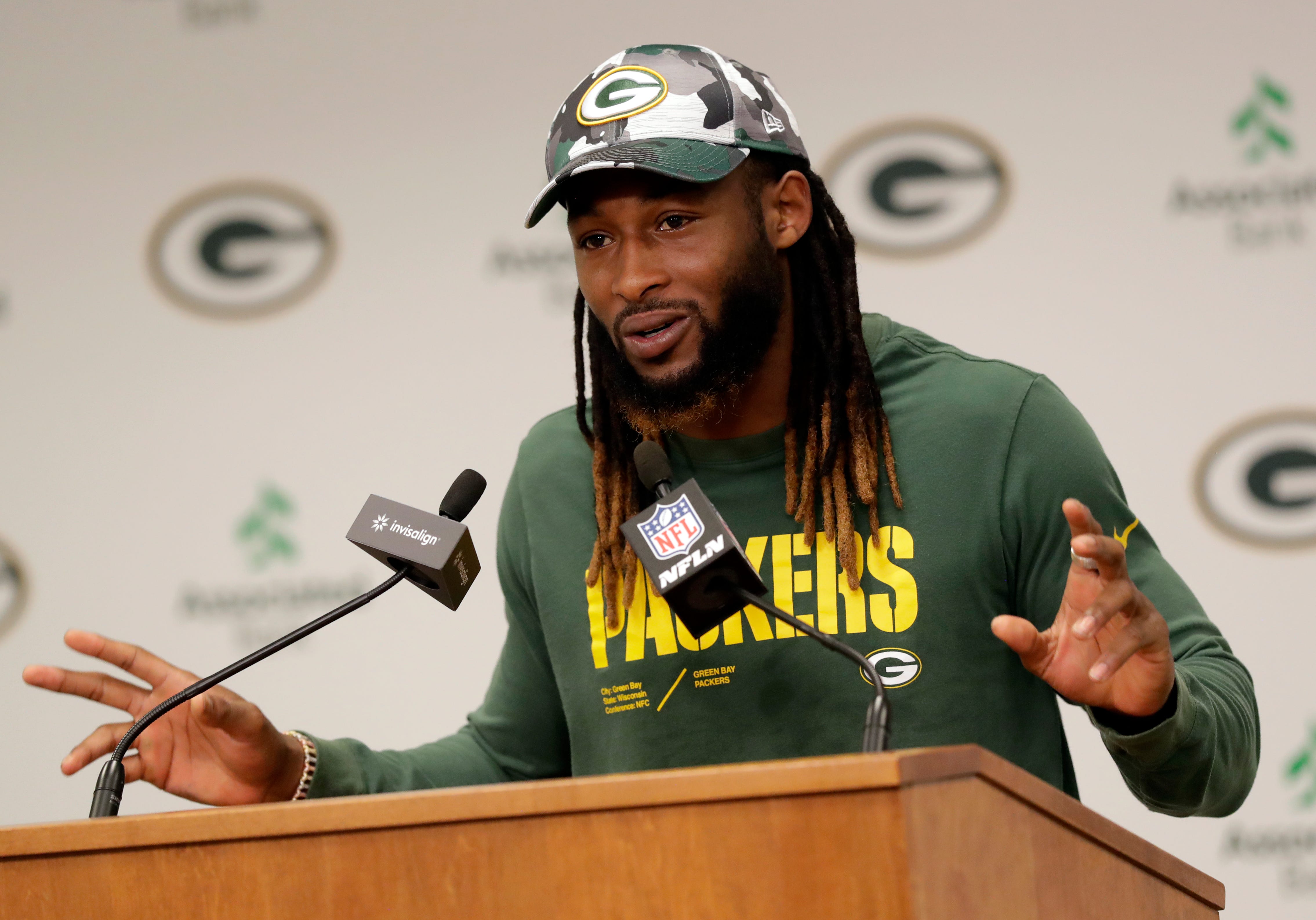 Green Bay Packers running back Aaron Jones speaks to media on May 10, 2023, at Lambeau Field in Green Bay, Wis.