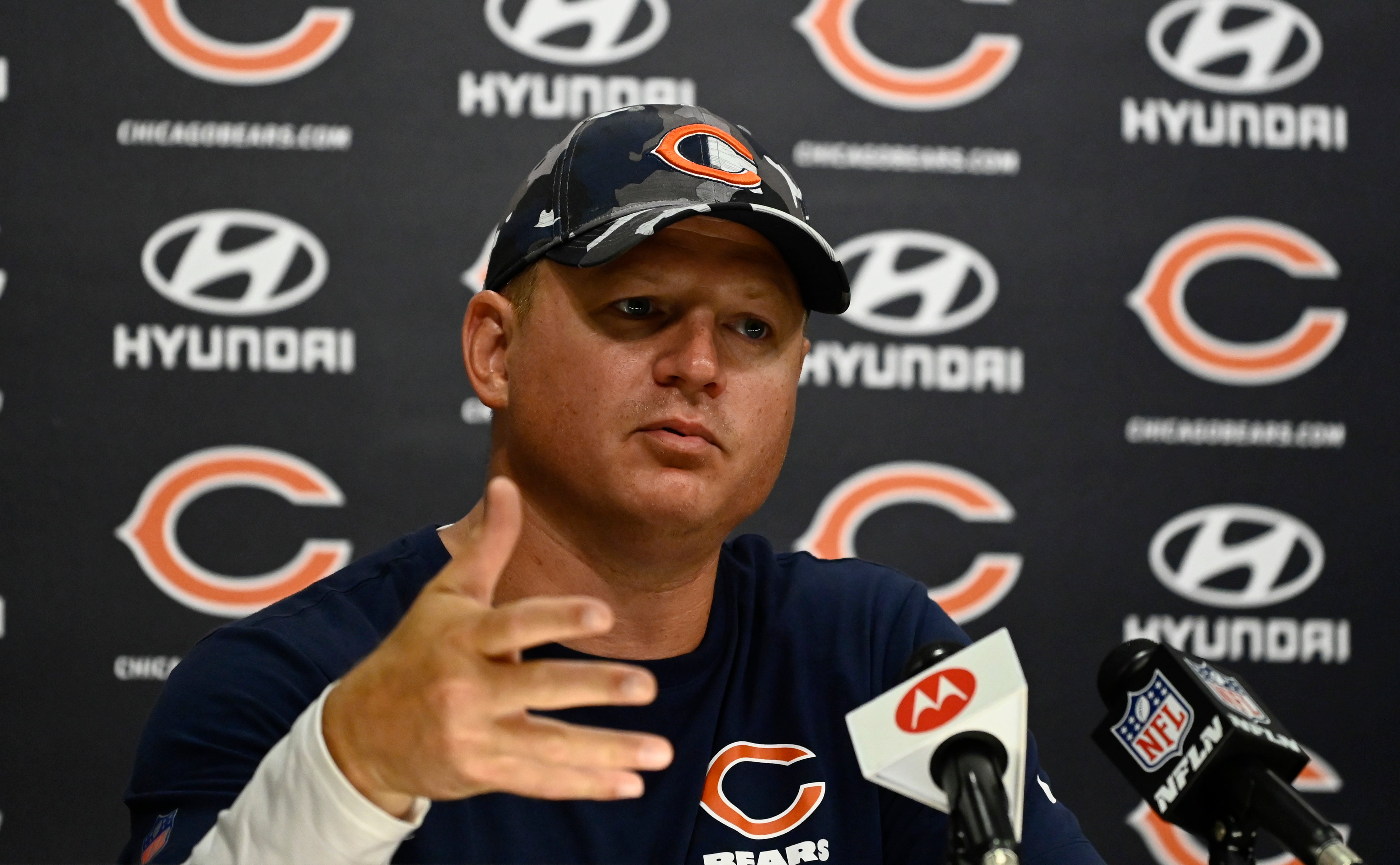 Jul 28, 2022; Lake Forest, IL, USA; Chicago Bears offensive coordinator Luke Getsy talks with the media during training camp at PNC Center at Halas Hall. Mandatory Credit: Matt Marton-USA TODAY Sports
