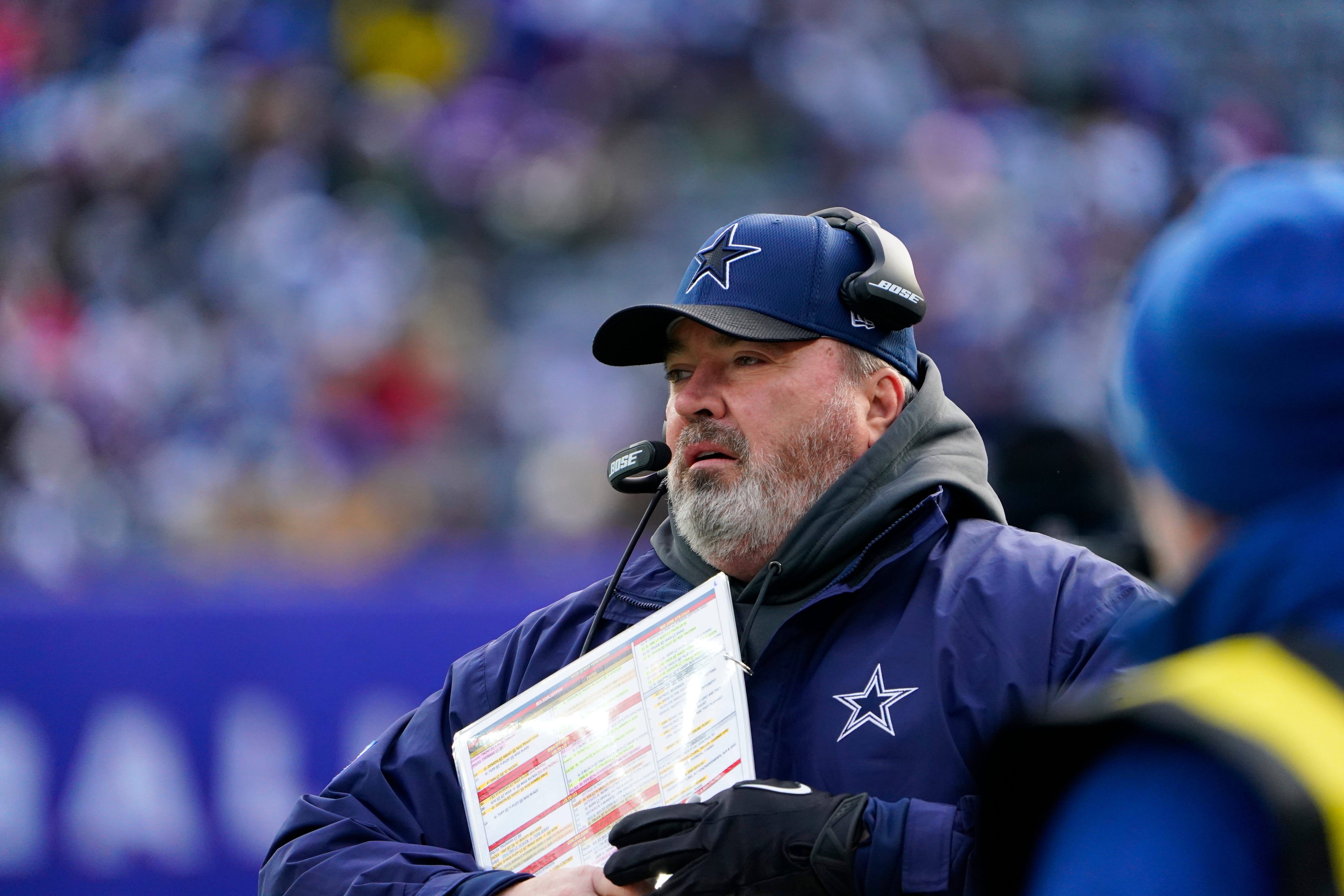 Dallas Cowboys head coach Mike McCarthy holding play call sheet during gameday.