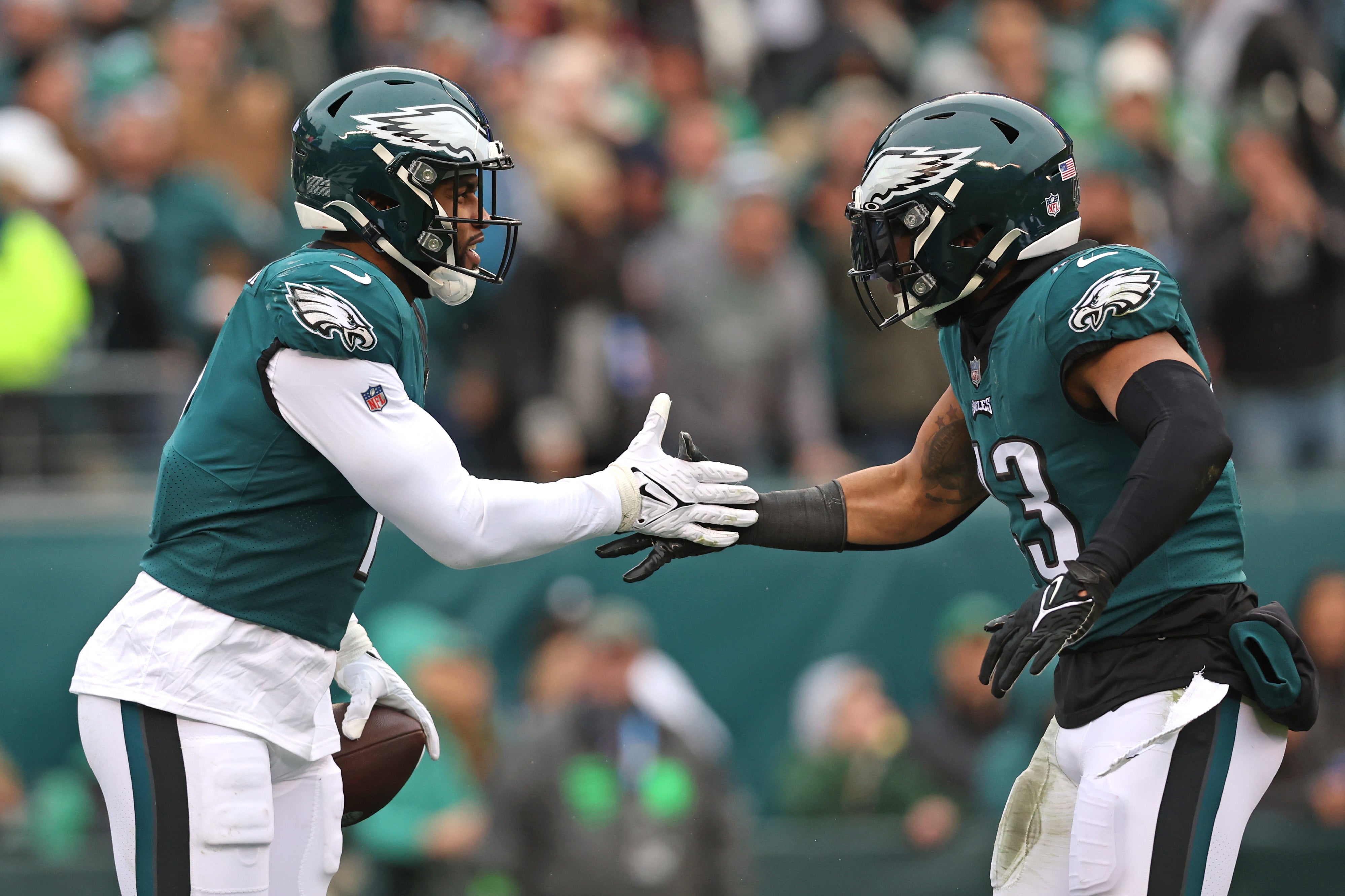 Jan 29, 2023; Philadelphia, Pennsylvania, USA; Philadelphia Eagles linebacker Haason Reddick (7) celebrates his sack with linebacker Kyzir White (43) against the San Francisco 49ers during the first quarter in the NFC Championship game at Lincoln Financial Field.