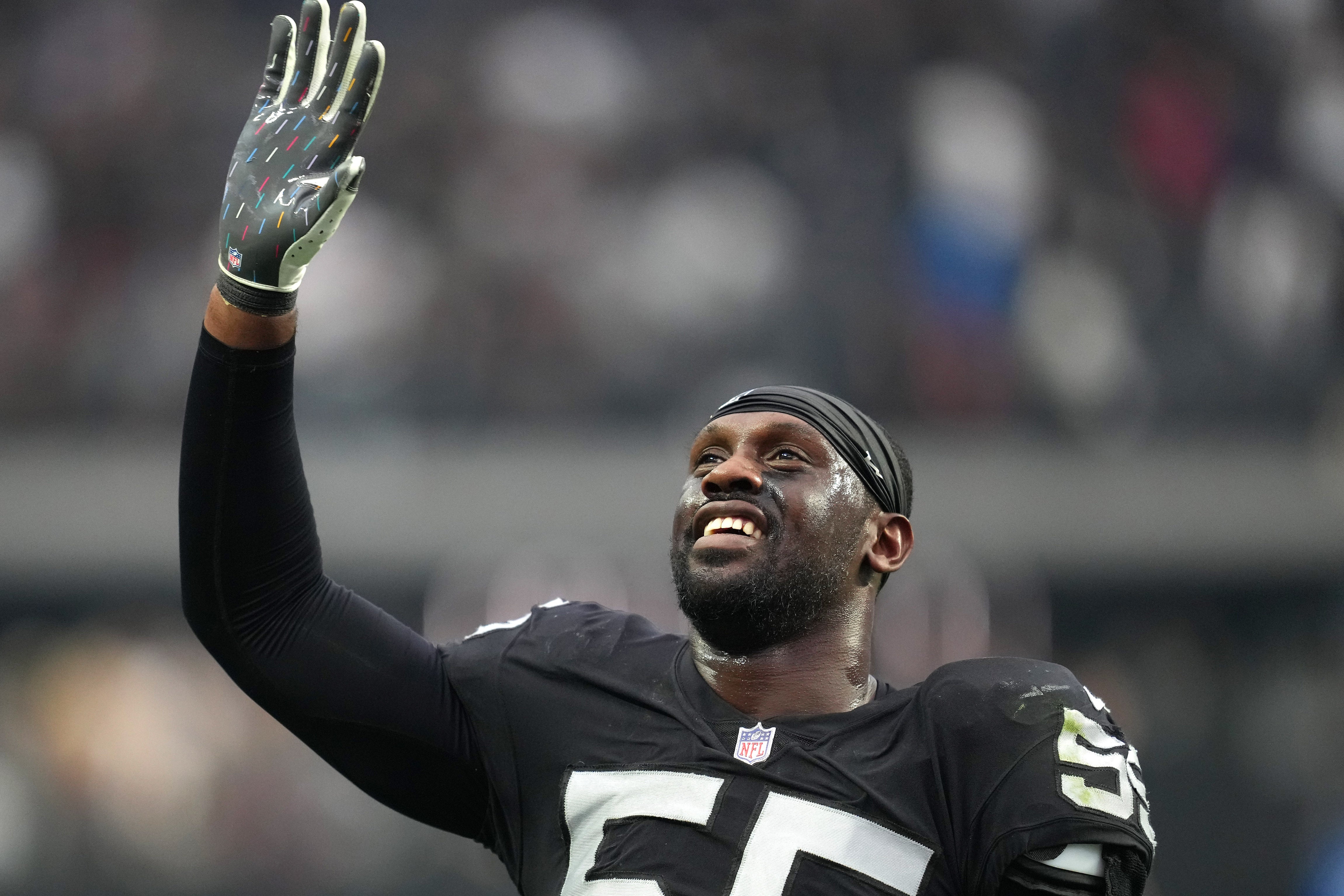 Oct 23, 2022; Paradise, Nevada, USA; Las Vegas Raiders defensive end Chandler Jones (55) waves to fans after the Raiders defeated the Houston Texans 38-20 at Allegiant Stadium.