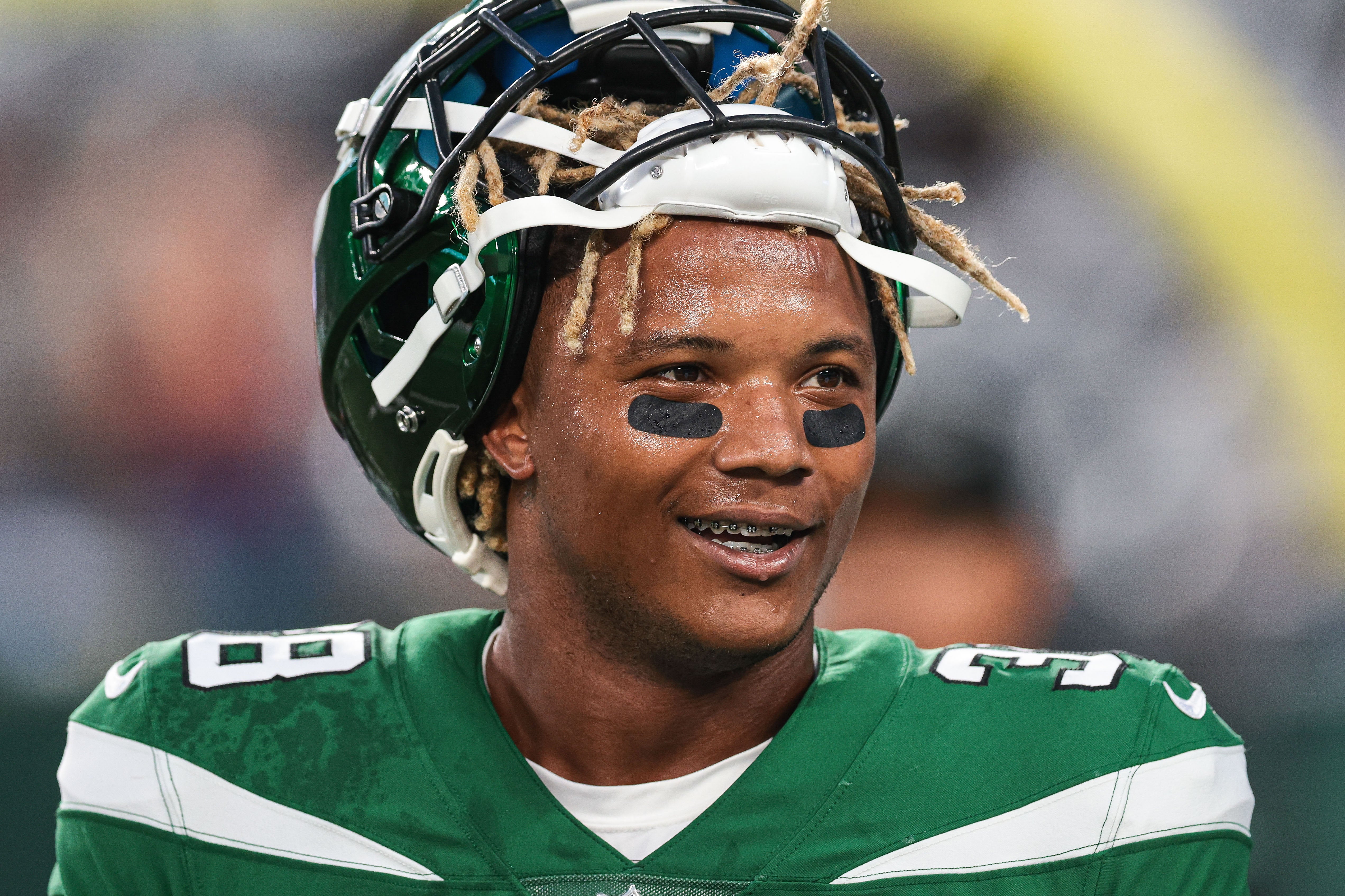 Aug 27, 2021; East Rutherford, New Jersey, USA; New York Jets cornerback Lamar Jackson (38) on the field prior to the game against the Philadelphia Eagles at MetLife Stadium. Mandatory Credit: Vincent Carchietta-USA TODAY Sports