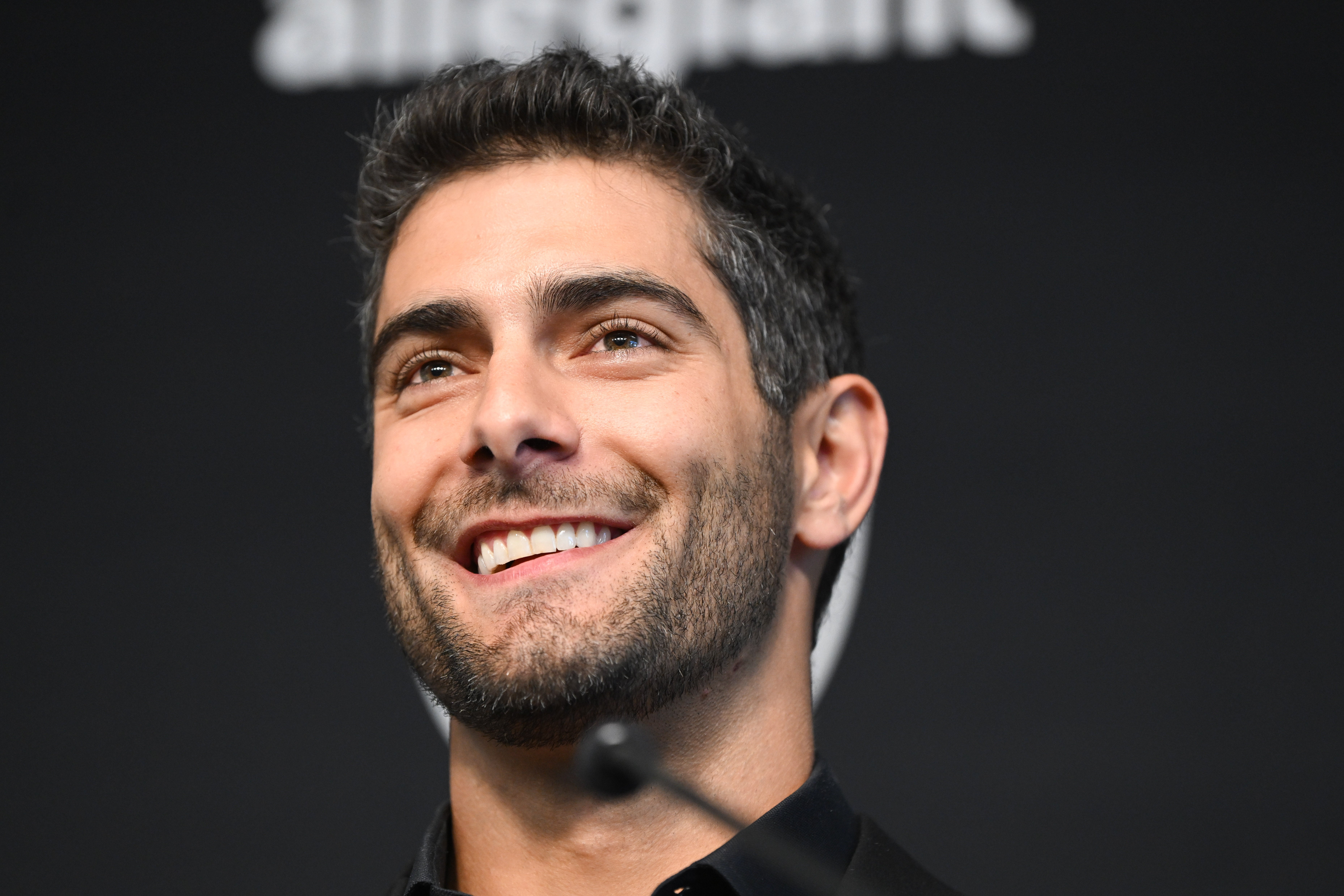 Mar 17, 2023; Henderson, NV, USA; New Las Vegas Raiders quarterback Jimmy Garoppolo speaks to the media at Intermountain Healthcare Performance Center.