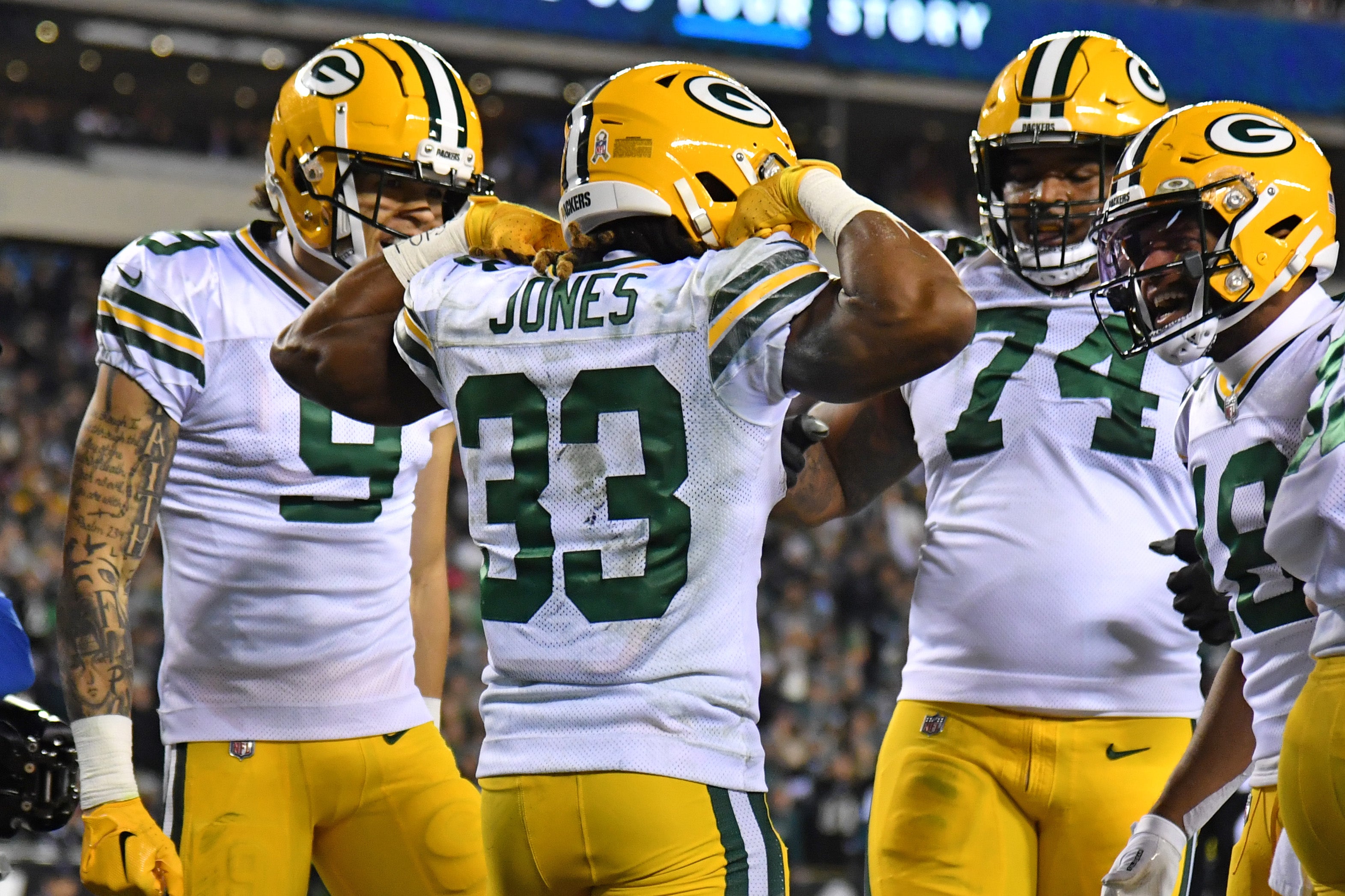 Nov 27, 2022; Philadelphia, Pennsylvania, USA; Green Bay Packers running back Aaron Jones (33) celebrates his touchdown with teammates against the Philadelphia Eagles during the second quarter at Lincoln Financial Field. Mandatory Credit: Eric Hartline-USA TODAY Sports