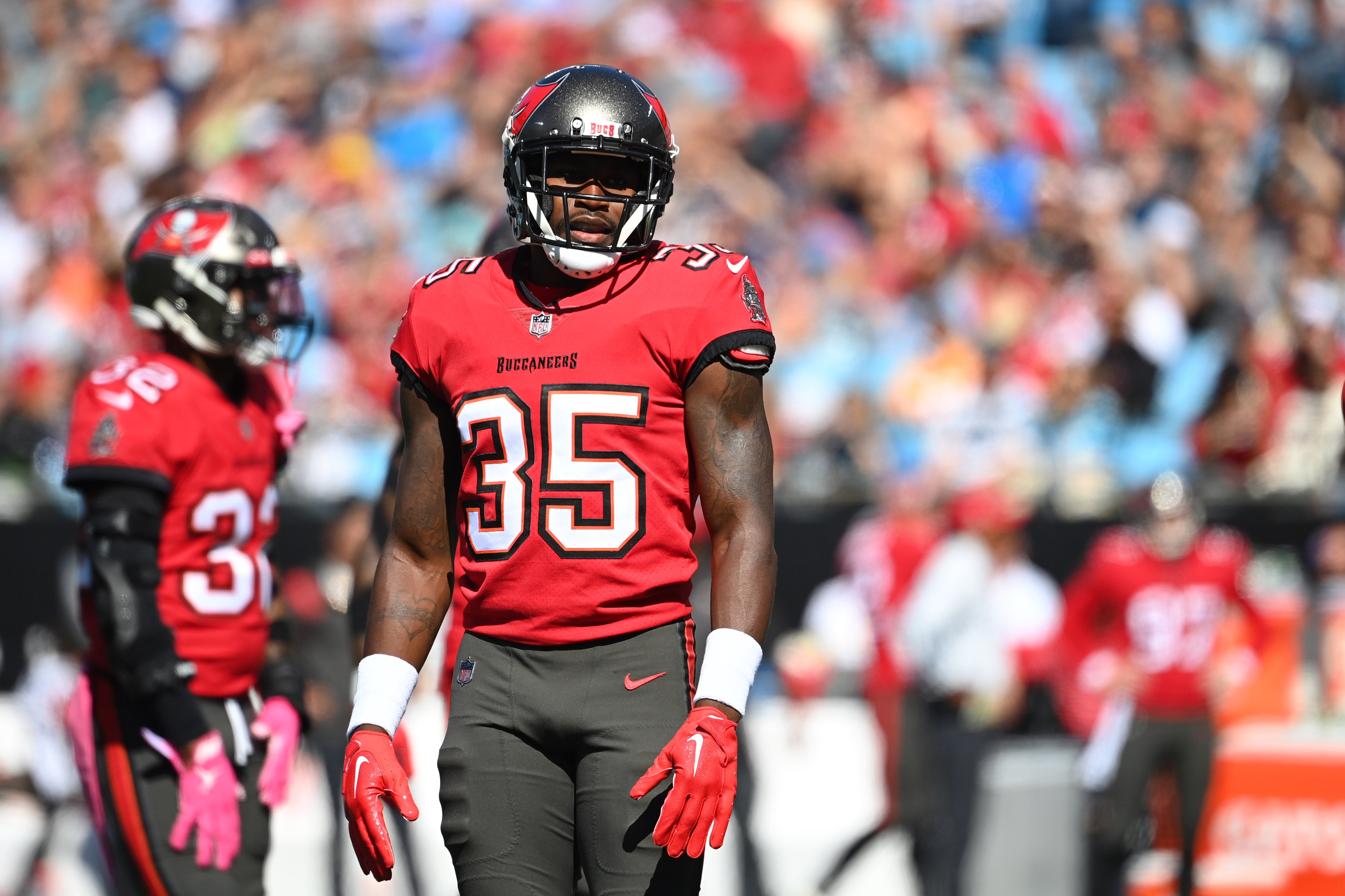 Oct 23, 2022; Charlotte, North Carolina, USA; Tampa Bay Buccaneers cornerback Jamel Dean (35) on the field in the first quarter at Bank of America Stadium. Mandatory Credit: Bob Donnan-USA TODAY Sports