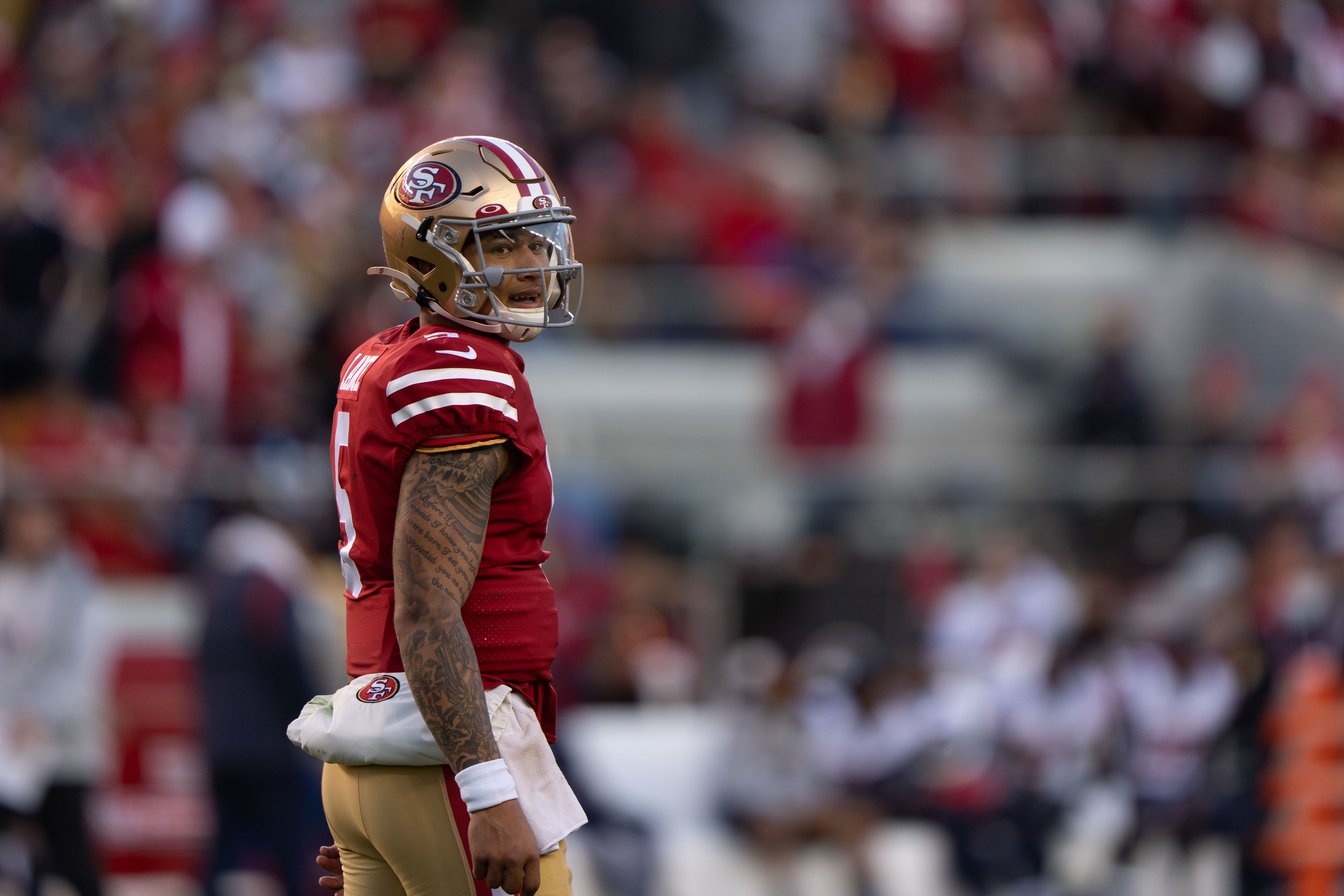 Jan 2, 2022; Santa Clara, California, USA; San Francisco 49ers quarterback Trey Lance (5) during the fourth quarter against the Houston Texans at Levi's Stadium.
