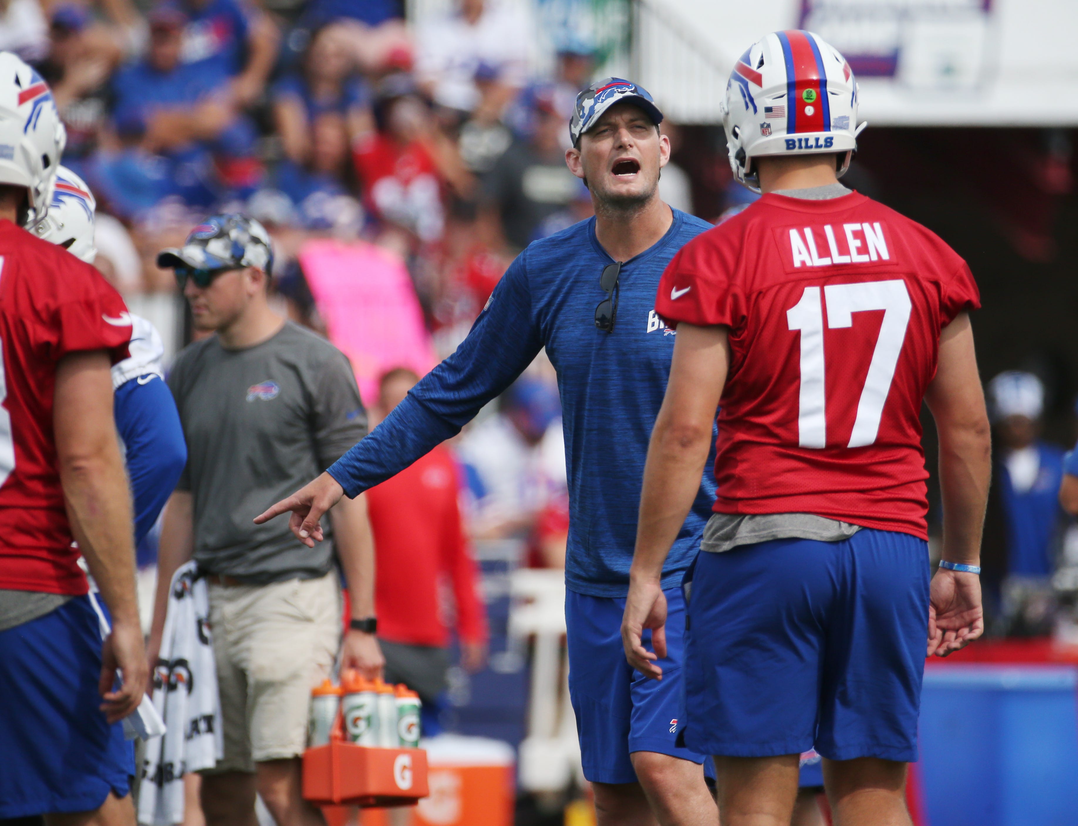 Buffalo Bills offensive coordinator Ken Dorsey talking with quarterback Josh Allen