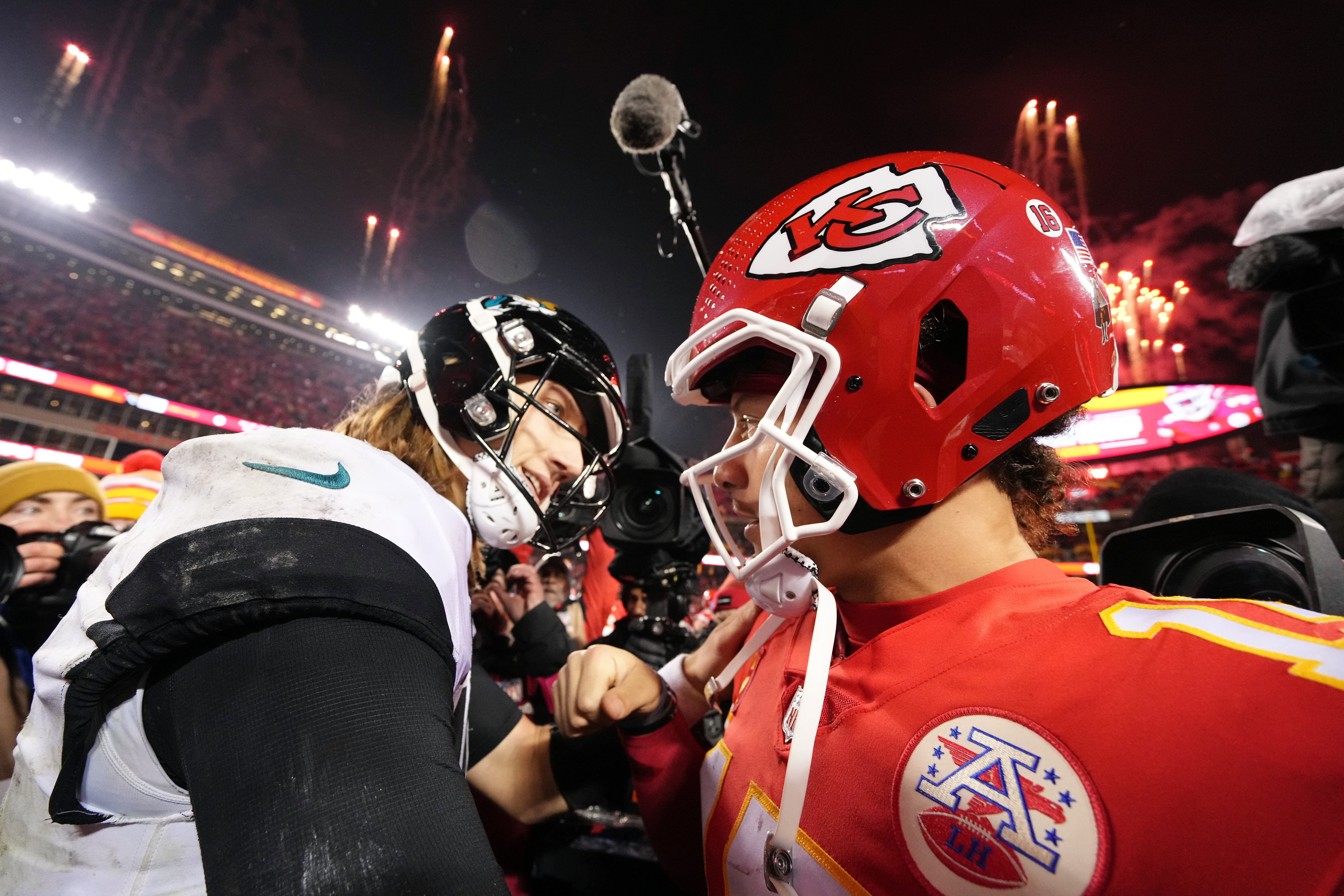 Jacksonville Jaguars quarterback Trevor Lawrence talks to Kansas City Chiefs quarterback Patrick Mahomes in Divisional Round.