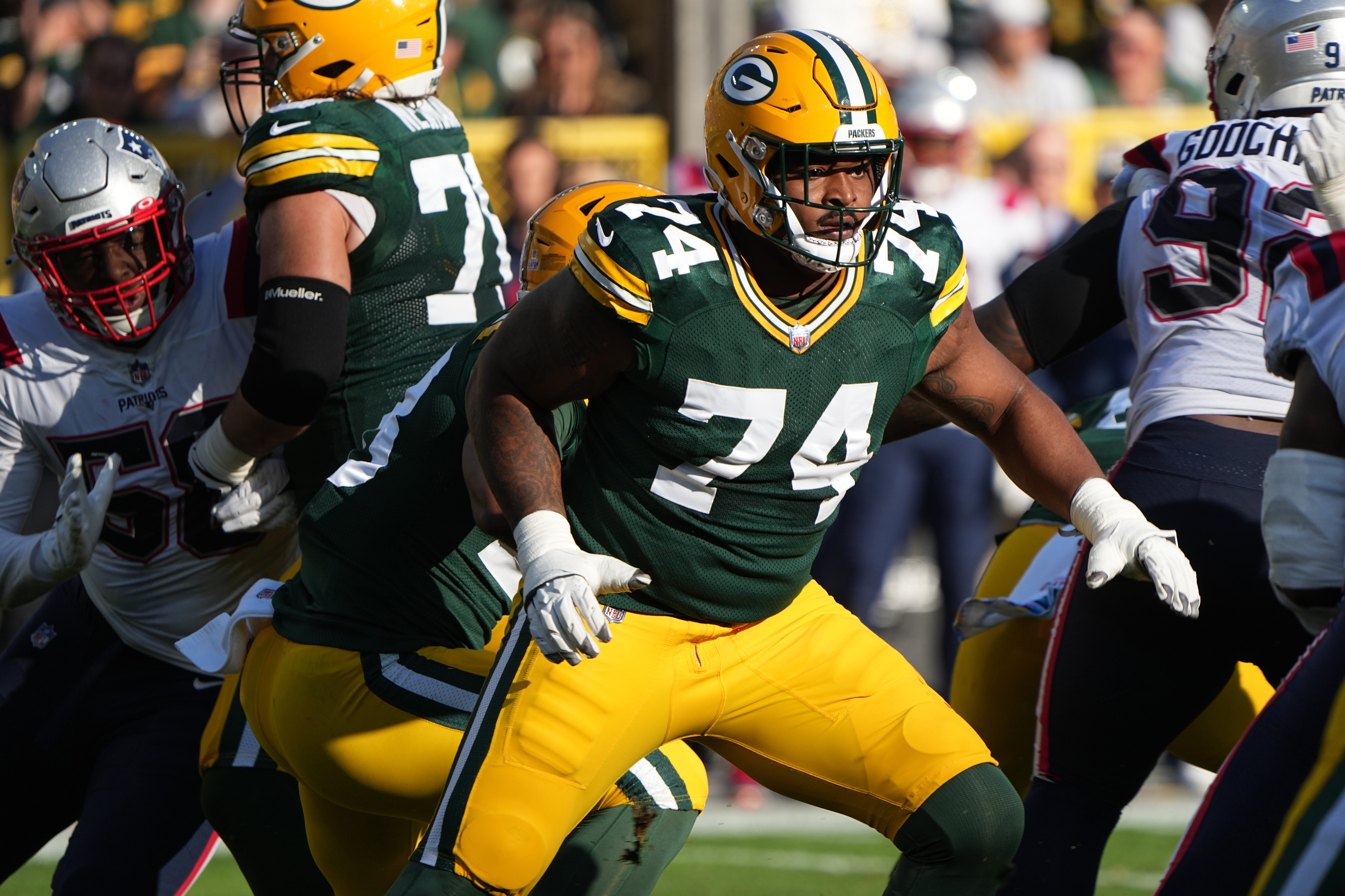 Green Bay Packers guard Elgton Jenkins (74) is shown during the second quarter of their game Sunday, October 2, 2022 at Lambeau Field in Green Bay, Wis. The Green Bay Packers beat the New England Patriots 27-24 in overtime.