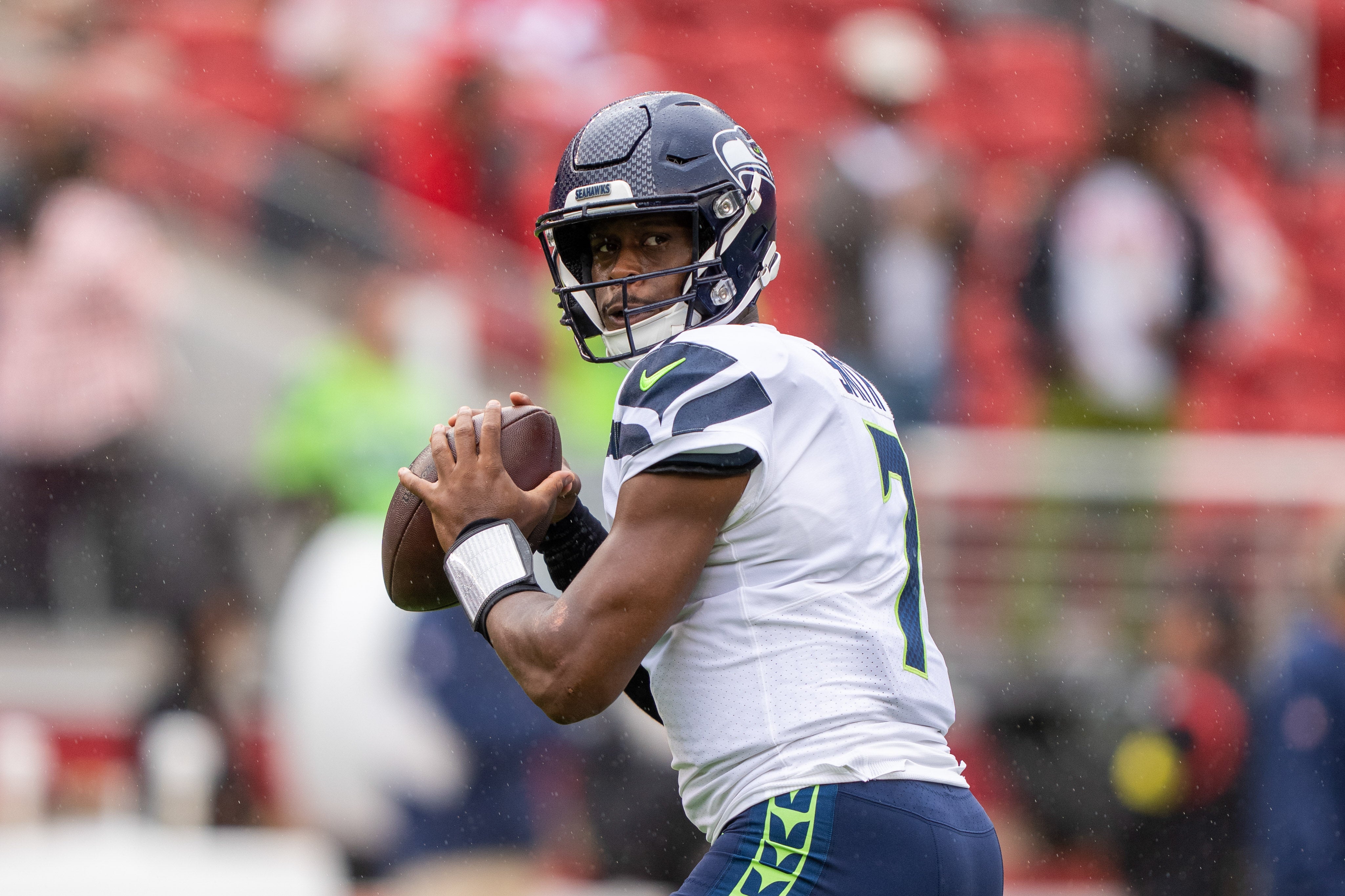 September 18, 2022; Santa Clara, California, USA; Seattle Seahawks quarterback Geno Smith (7) before the game against the San Francisco 49ers at Levi's Stadium.