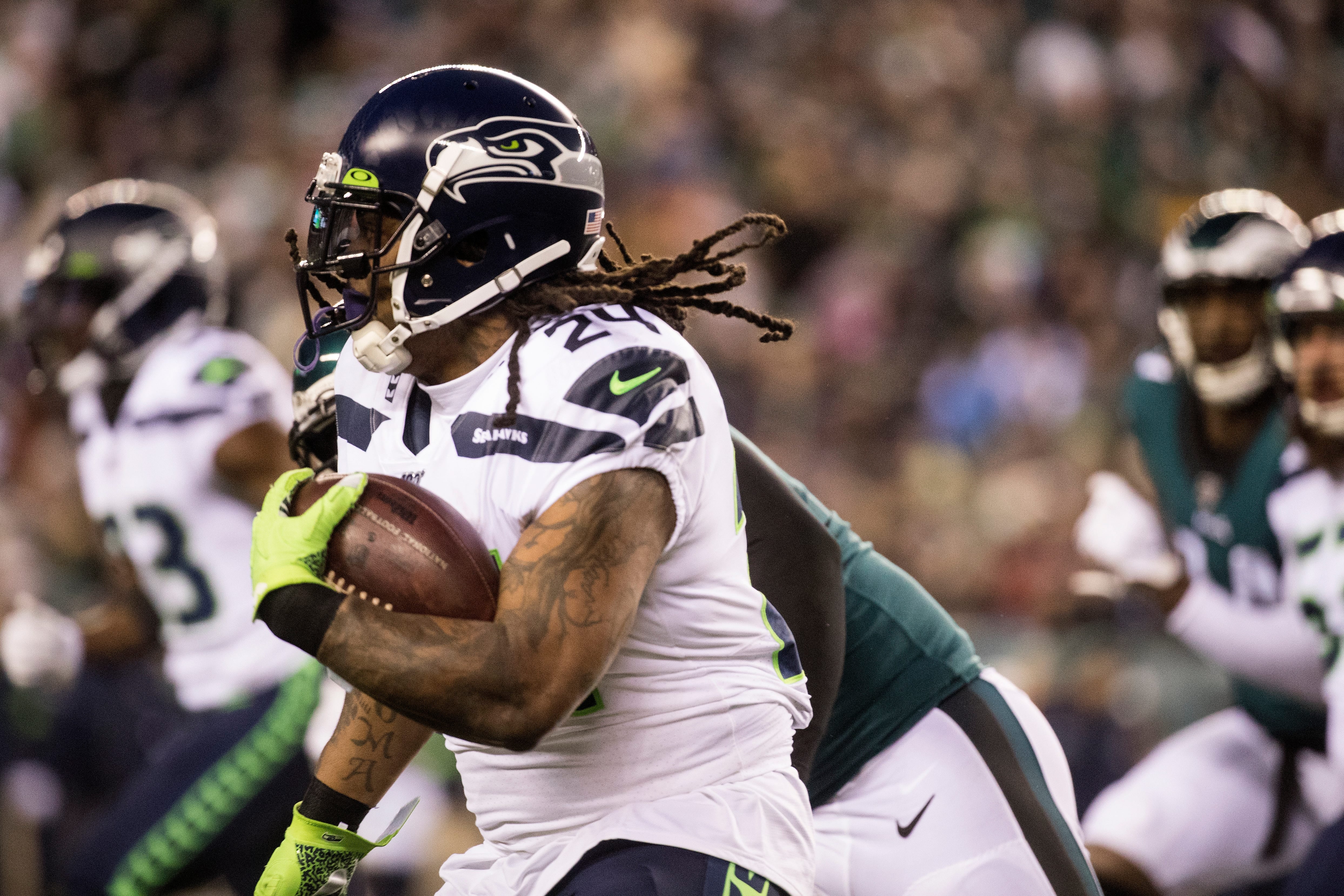 Seattle's Marshawn Lynch (24) rushes downfield Sunday night at Lincoln Financial Field. The Seahawks defeated the Eagles ending their season 17-9. Sports Eagles Seahawks.