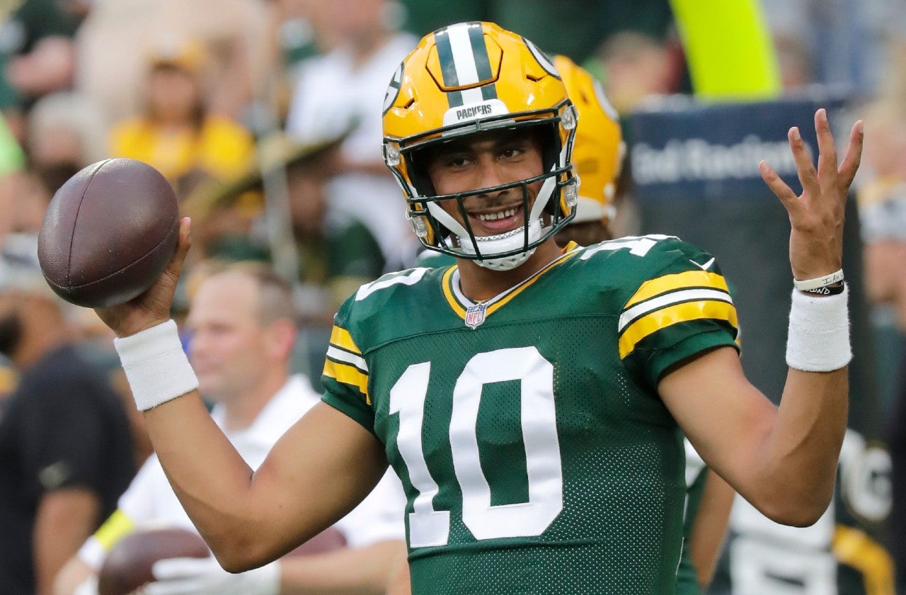 Green Bay Packers quarterback Jordan Love (10) warms up before playing against the New Orleans Saints football team Friday, August 19, 2022, at Lambeau Field in Green Bay, Wis.