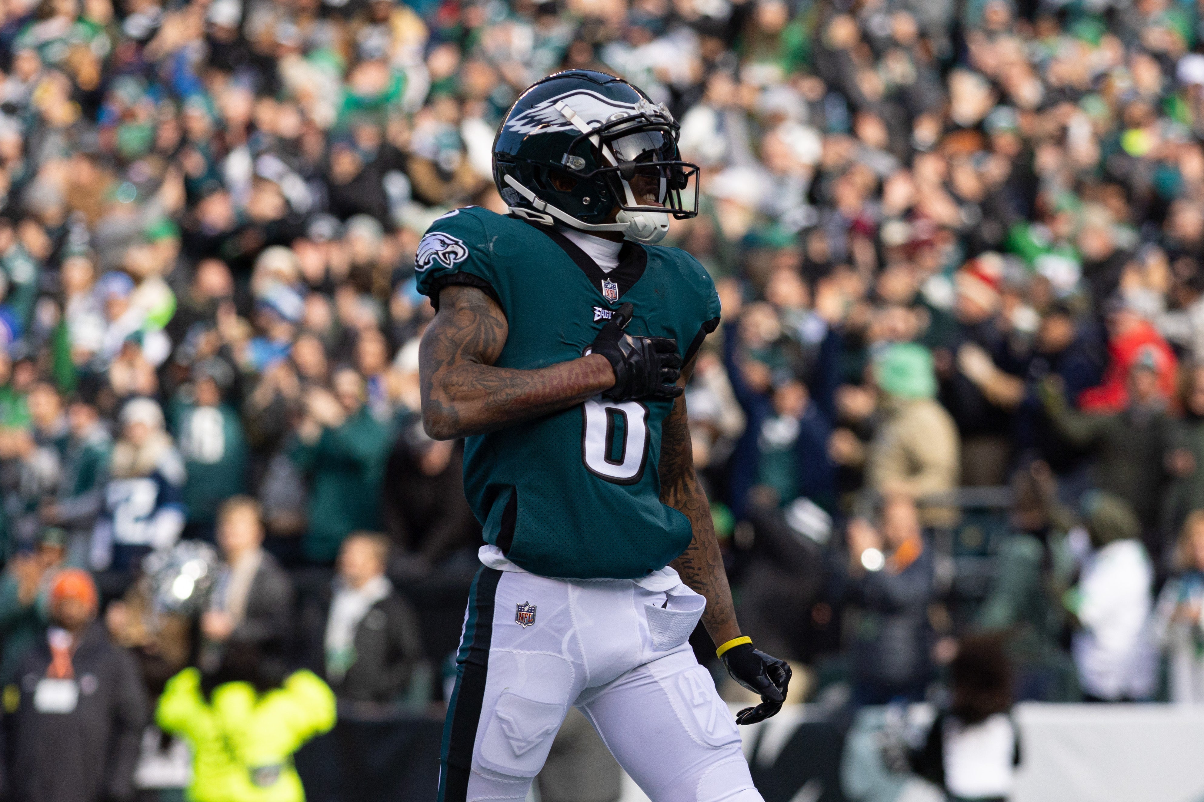 Dec 4, 2022; Philadelphia, Pennsylvania, USA; Philadelphia Eagles wide receiver DeVonta Smith (6) reacts to his touchdown catch against the Tennessee Titans during the first quarter at Lincoln Financial Field.