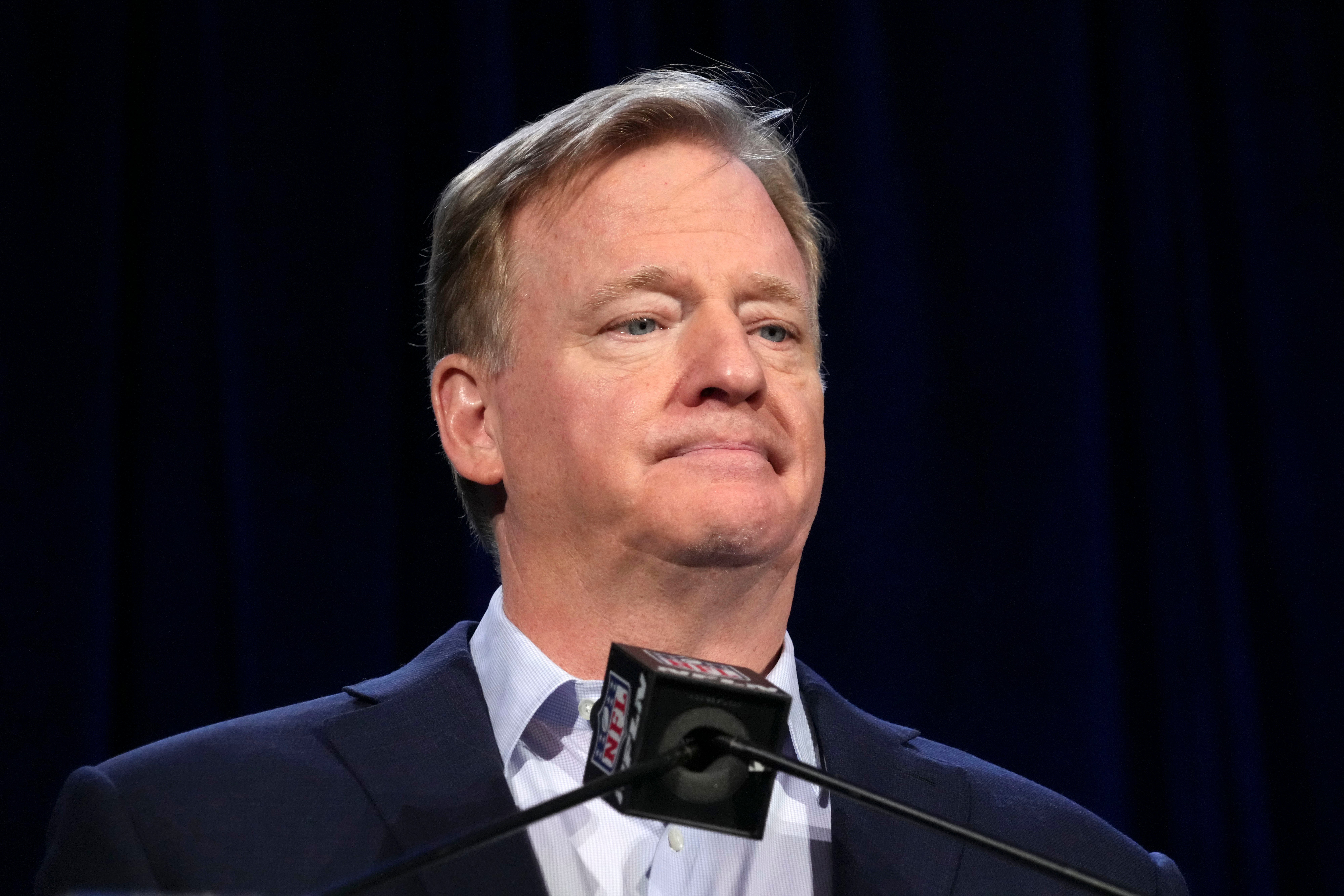 Feb 13, 2023; Phoenix, AZ, USA; NFL commissioner Roger Goodell speaks during the Super Bowl 57 Winning Team Head Coach and MVP press conference at the Phoenix Convention Center.
