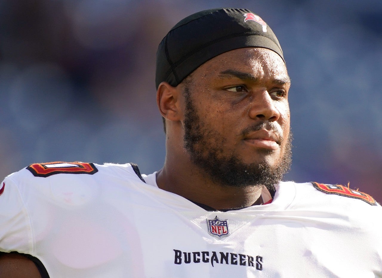 Aug 20, 2022; Nashville, TN, USA; Tampa Bay Buccaneers guard Nick Leverett (60) walks the field before the start of their preseason game against the Titans at Nissan Stadium on Saturday, Aug. 20, 2022, in Nashville, Tenn.
