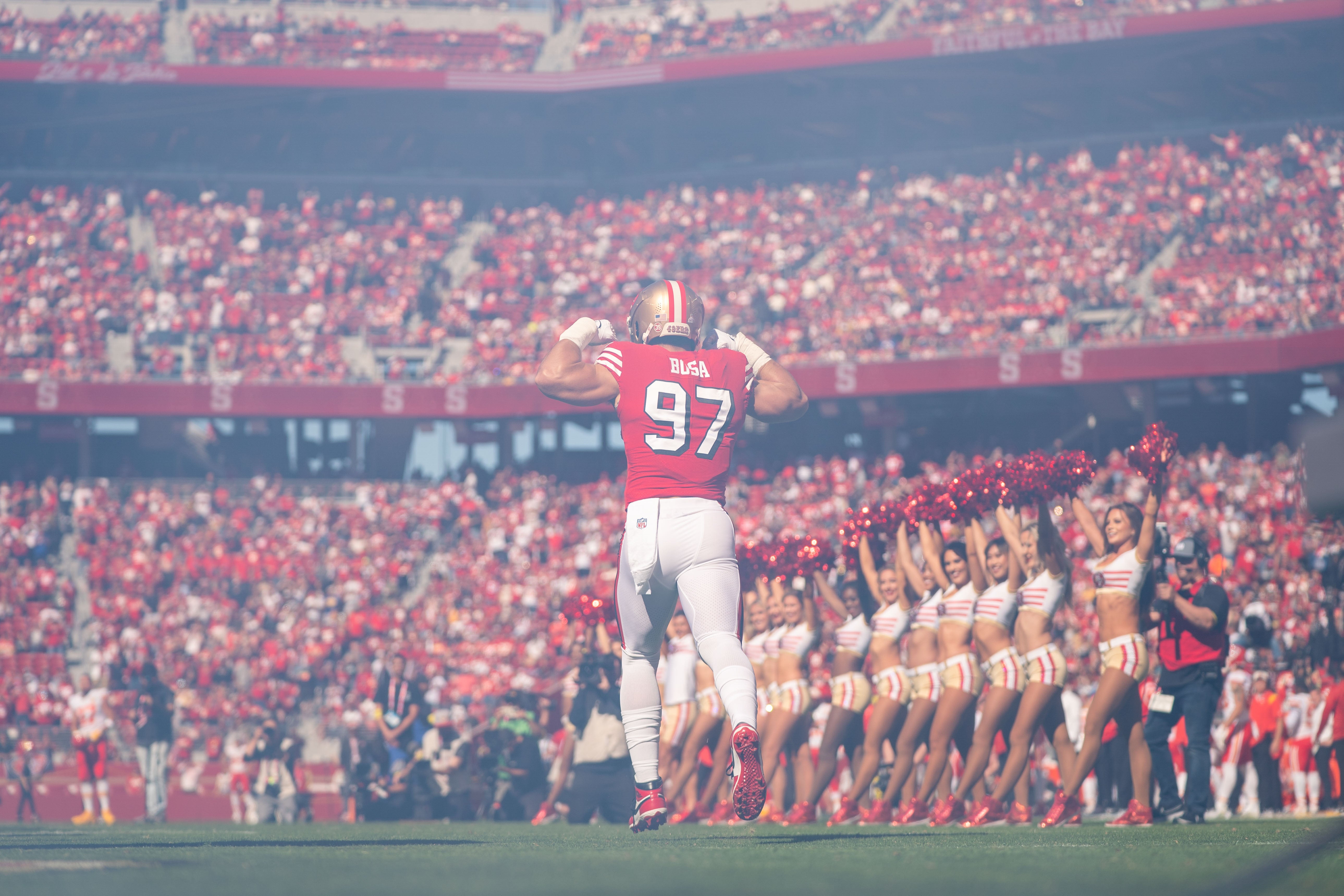 October 23, 2022; Santa Clara, California, USA; San Francisco 49ers defensive end Nick Bosa (97) before the game against the Kansas City Chiefs at Levi's Stadium.